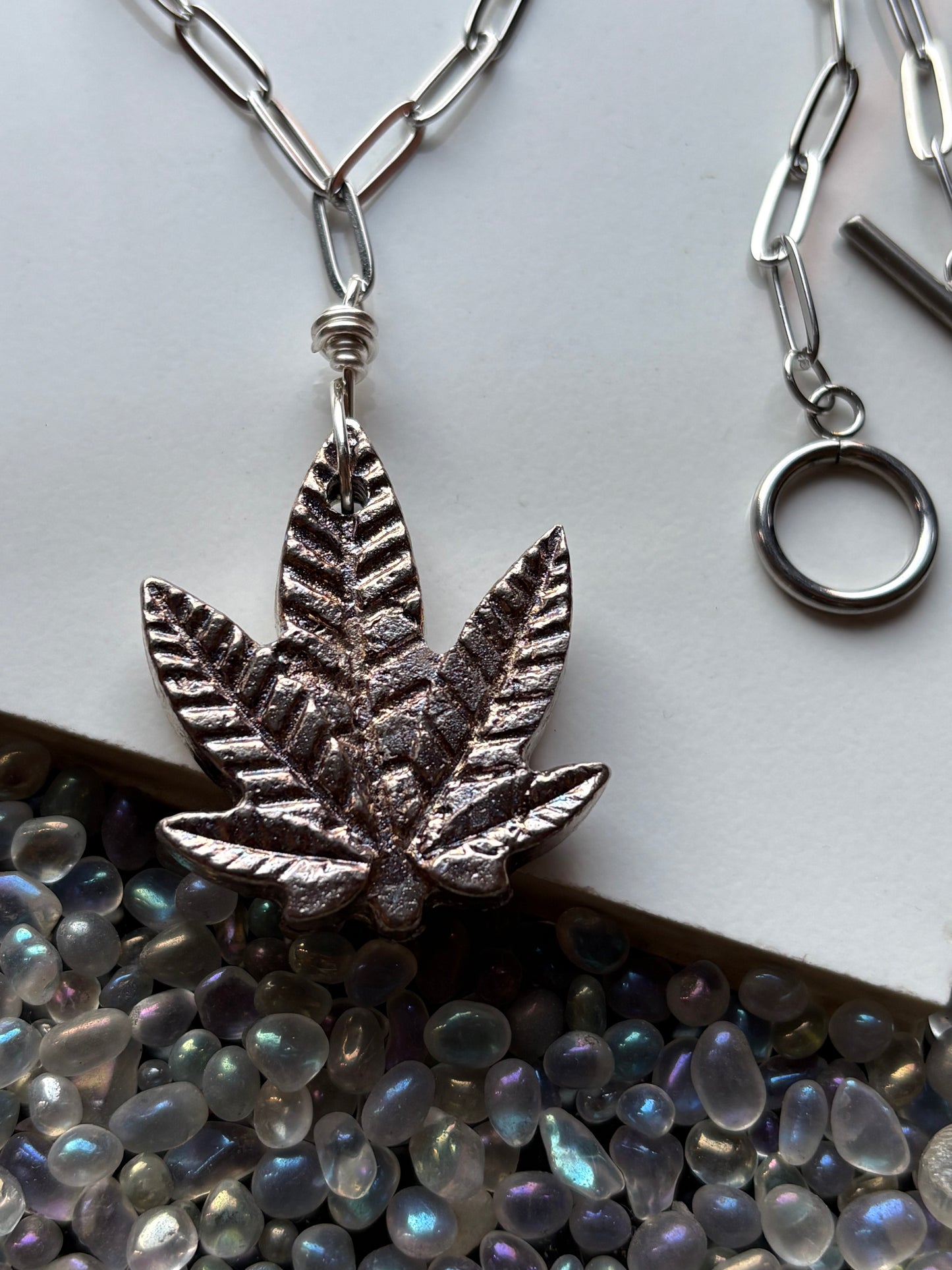 Silver Bismuth Crystal Silver Haze Leaf Necklace (2)