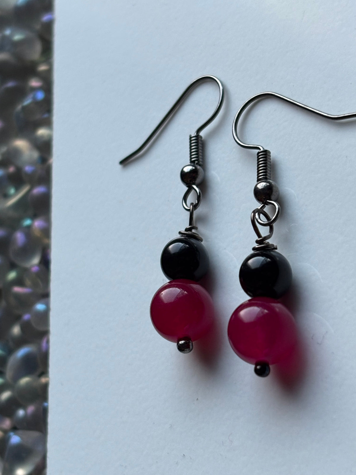 Red Quartz & Black Tourmaline Crystal Gemstone Drop Earrings