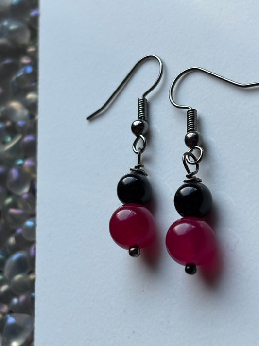 Red Quartz & Black Tourmaline Crystal Gemstone Drop Earrings