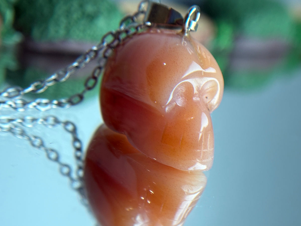 Carnelian Agate Crystal Gemstone Skull Carving Necklace & Tumbled Stone Gift Set