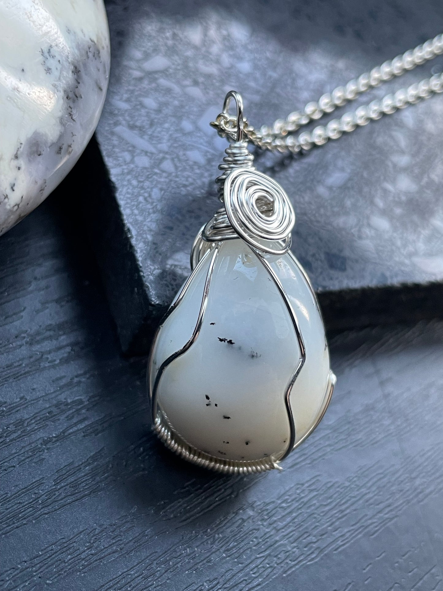 Dendritic Opal Agate Crystal Gemstone Wire Wrapped Necklace (2)
