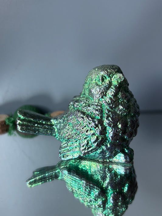 Teal Bismuth Crystal Wren Song Bird Metal Art Sculpture