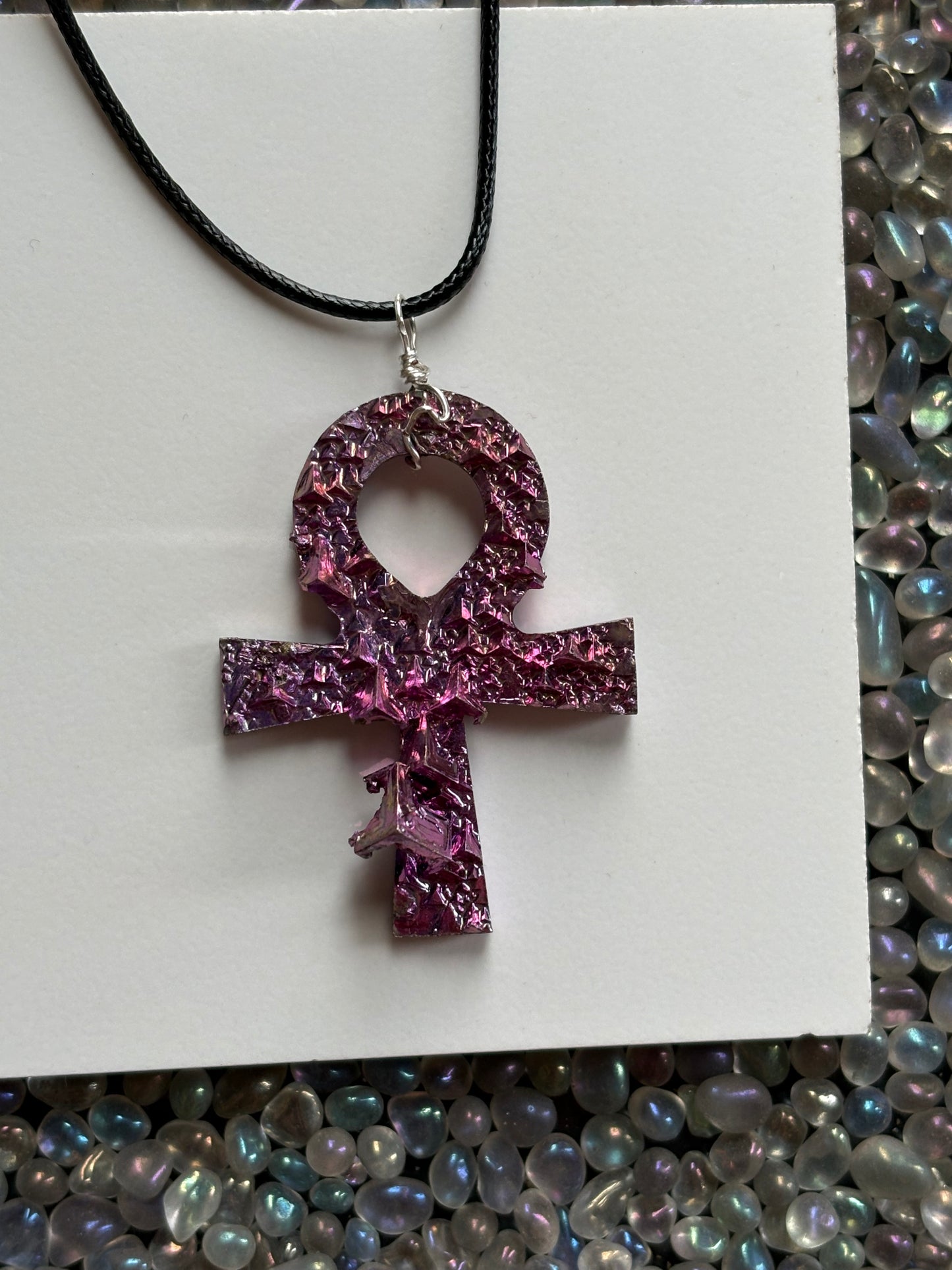 Pink Bismuth Ankh Crystal Cut Out Metal Art Necklace