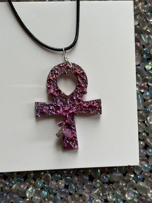 Pink Bismuth Ankh Crystal Cut Out Metal Art Necklace