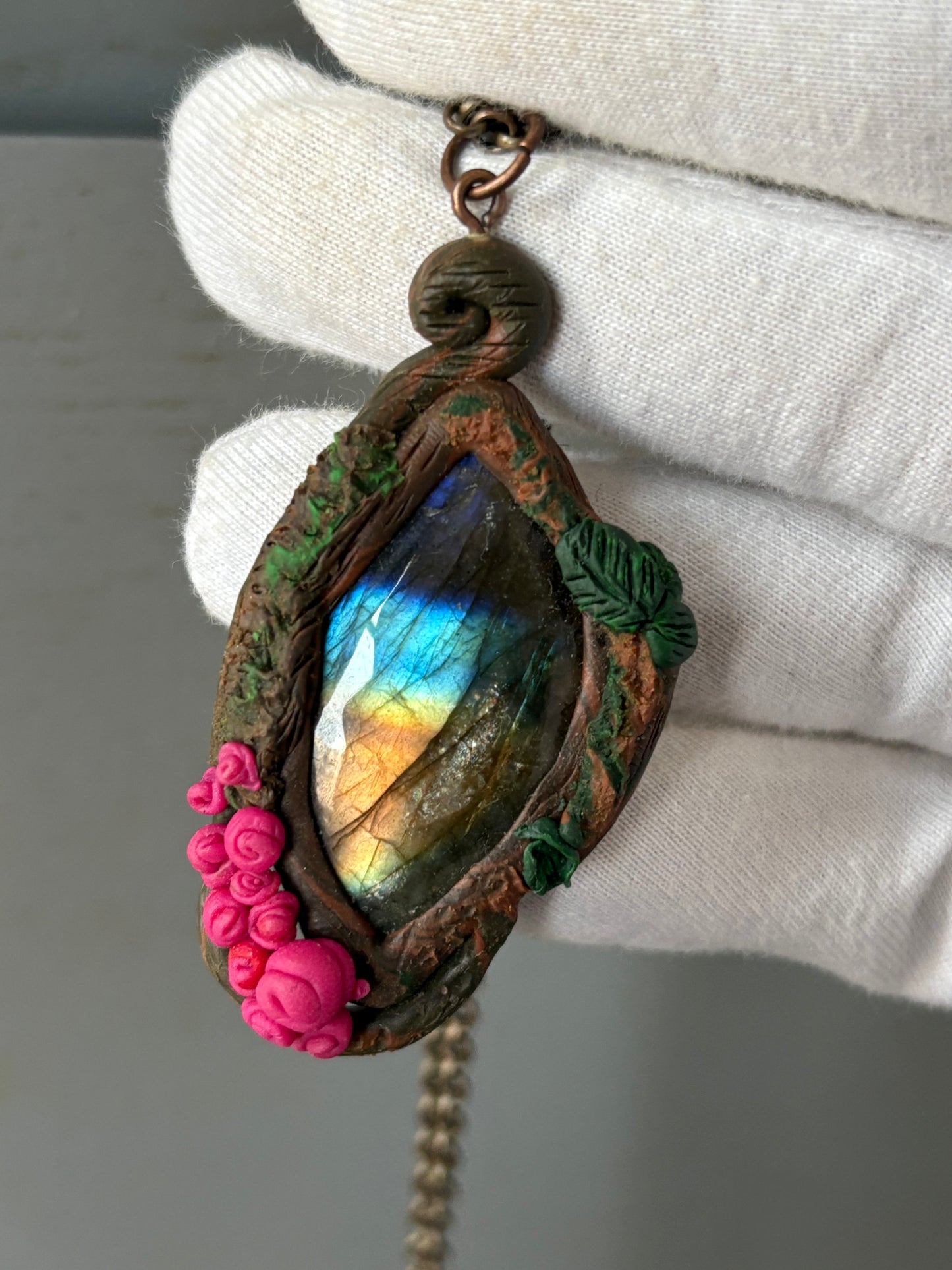 Labradorite Crystal Gemstone Enchanted Rose Clay Pendant Necklace