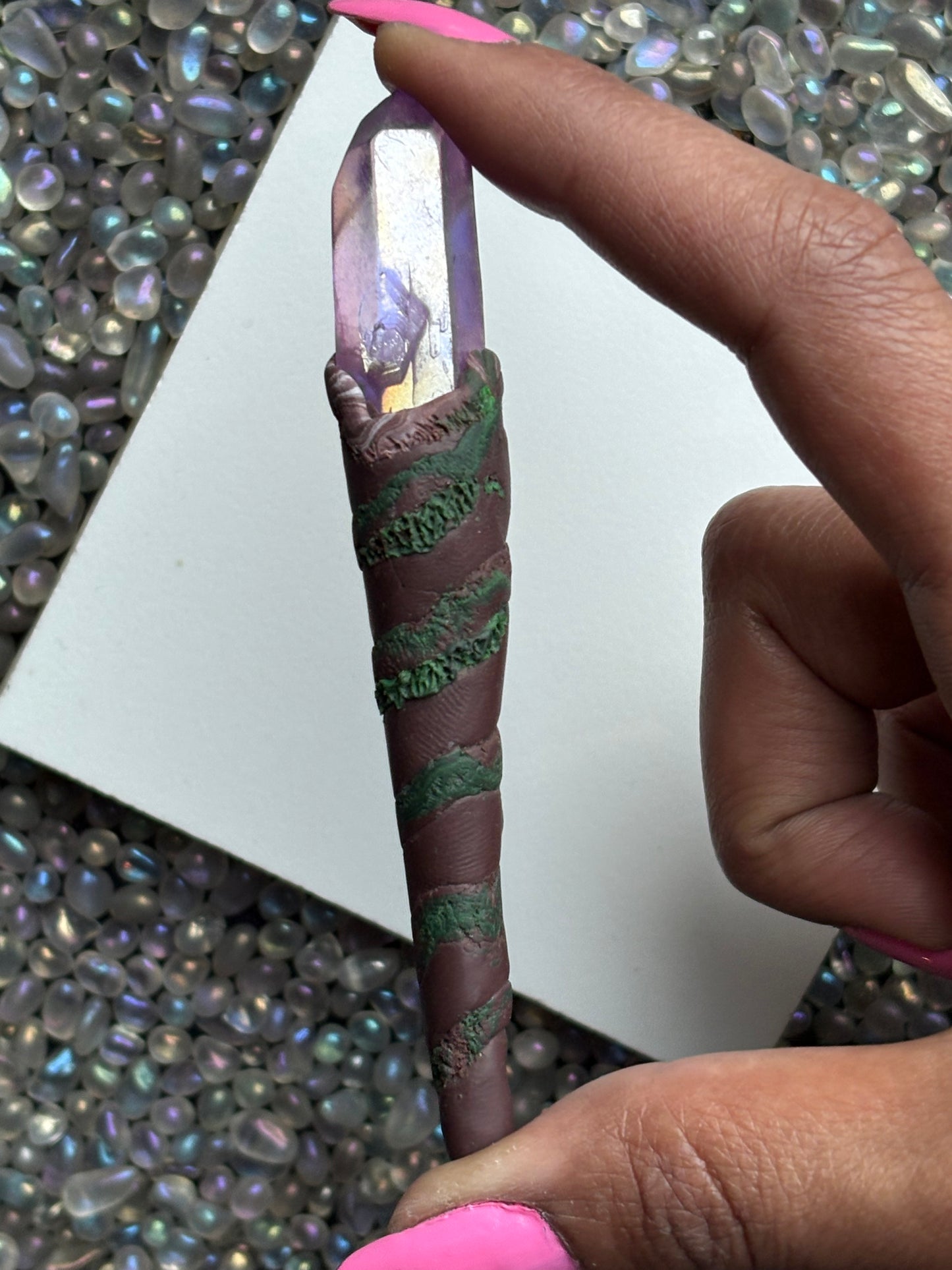 Purple Aura Quartz Crystal Gemstone Enchanted Forest Clay Wand