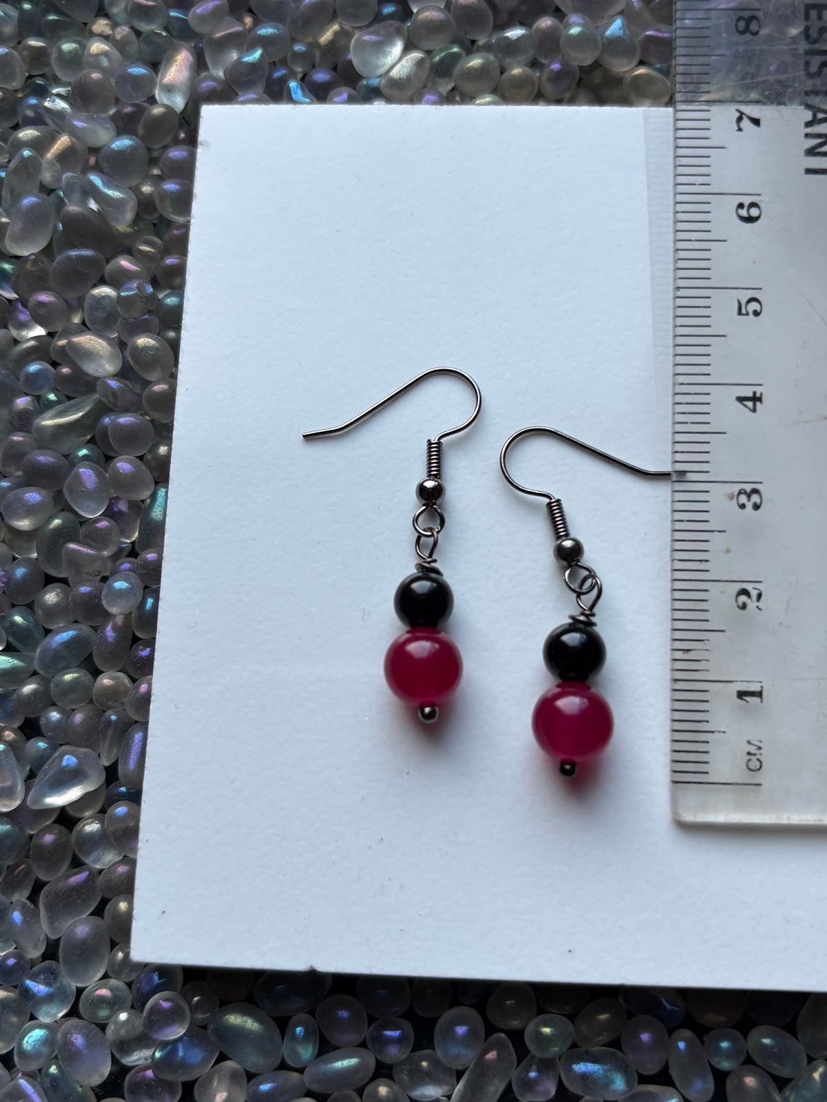 Red Quartz & Black Tourmaline Crystal Gemstone Drop Earrings