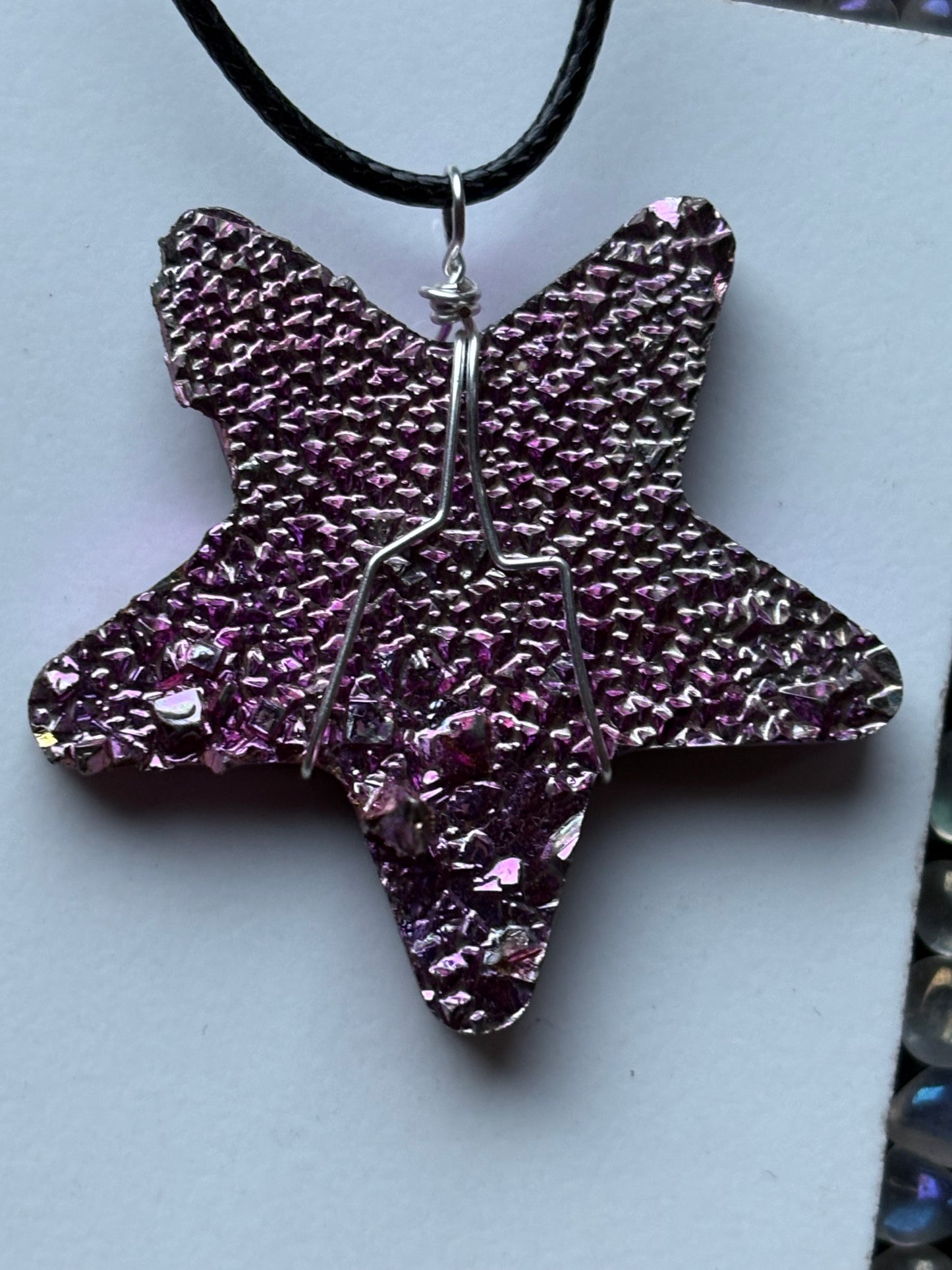 Pink Bismuth Star Crystal Cut Out Metal Art Cord Necklace