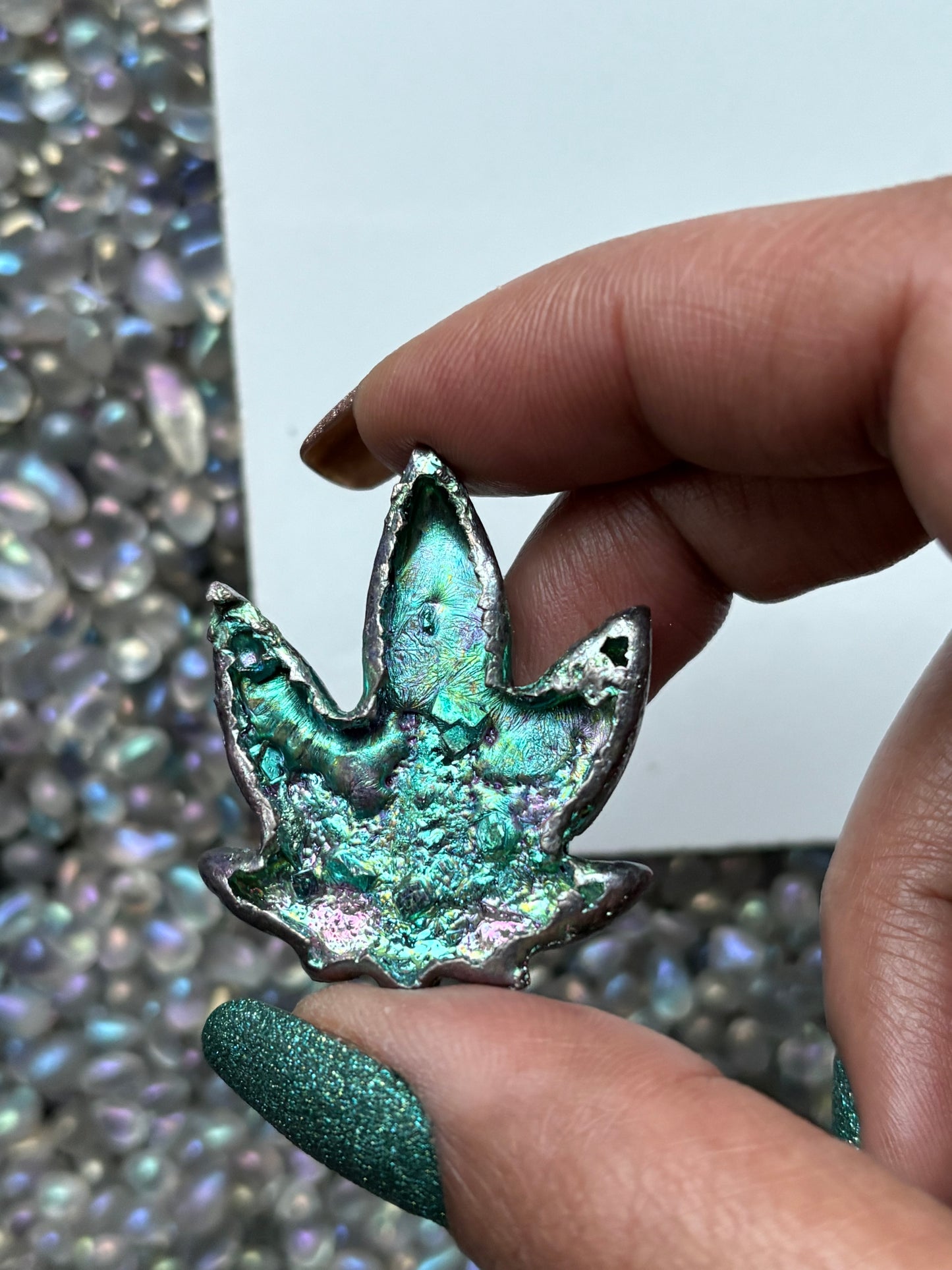 Teal Bismuth Crystal Pot Leaf Metal Art Sculpture