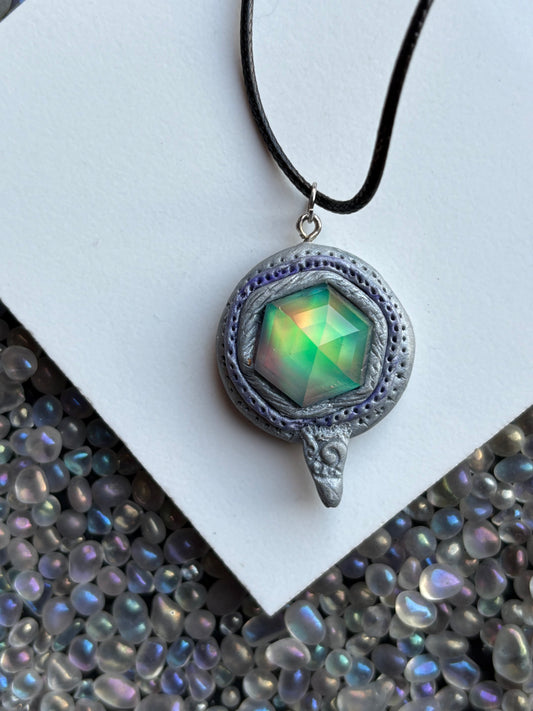 Aurora Opal Doublet Crystal Gemstone - Silver Lilac Hexagonal Dome - Necklace