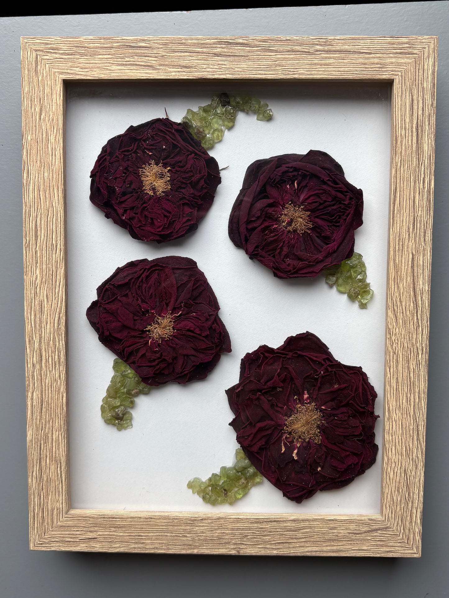 Full Dried Scottish Roses & Peridot Crystal Gemstone Leaf Art
