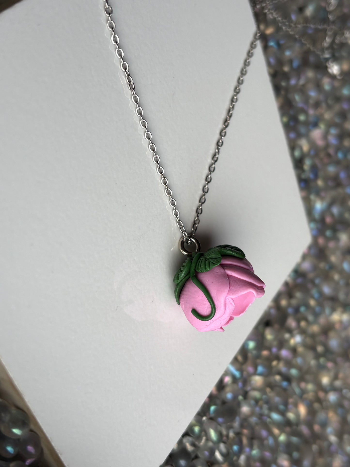 Pink Peony Flower Clay Silver Necklace