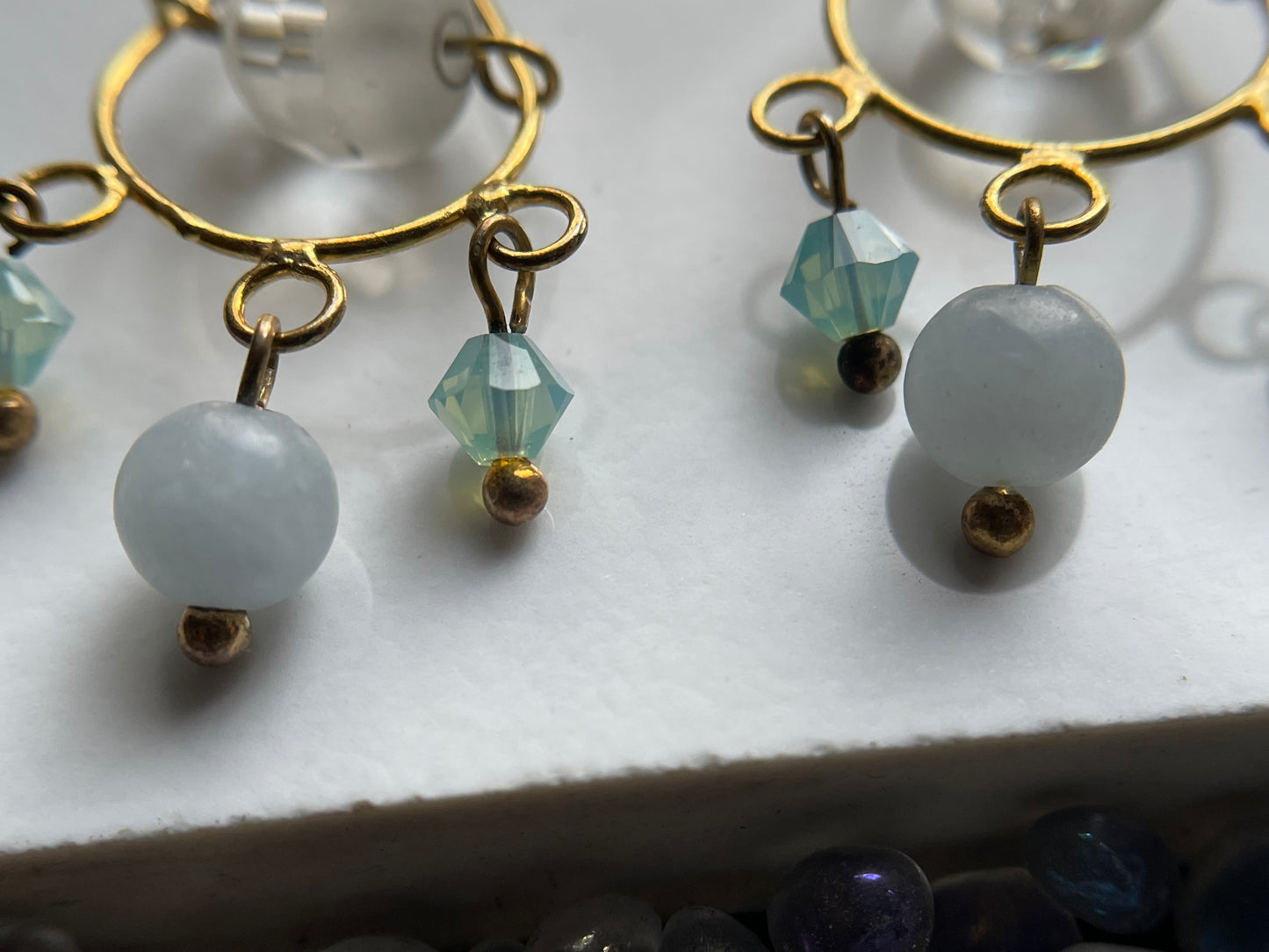 Angelite & Quartz crystal gemstone Swarovski gold chandelier 925 earrings