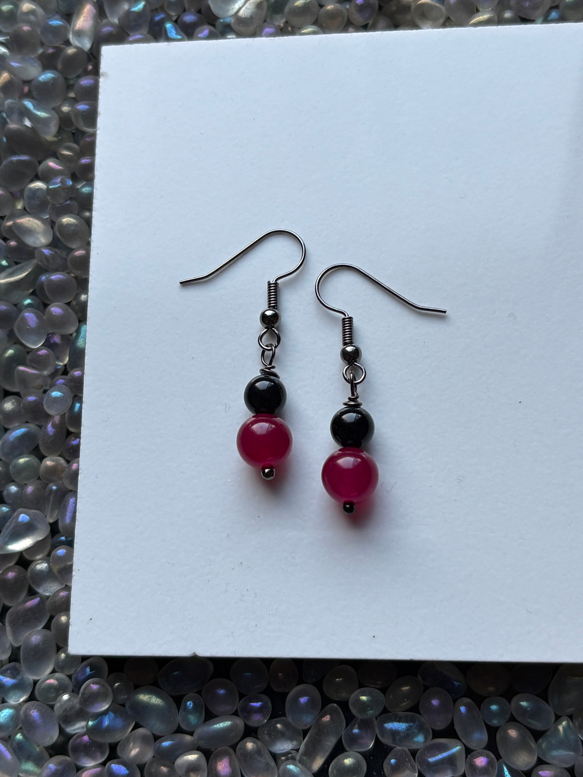 Red Quartz & Black Tourmaline Crystal Gemstone Drop Earrings