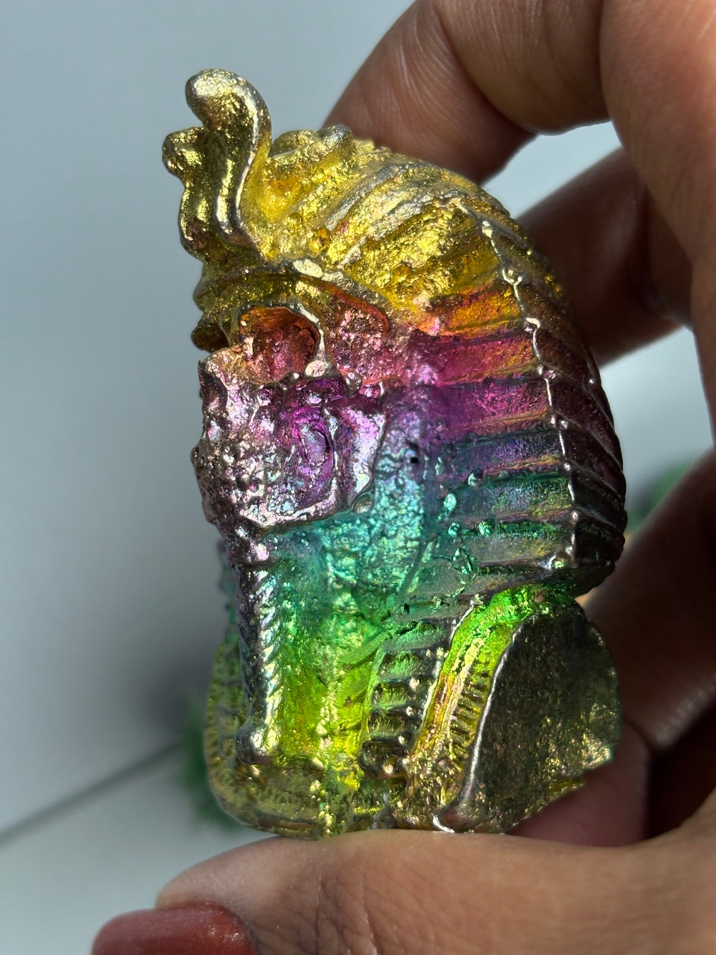 Rainbow Bismuth Crystal King Tutankhamen Skull Metal Art Sculpture