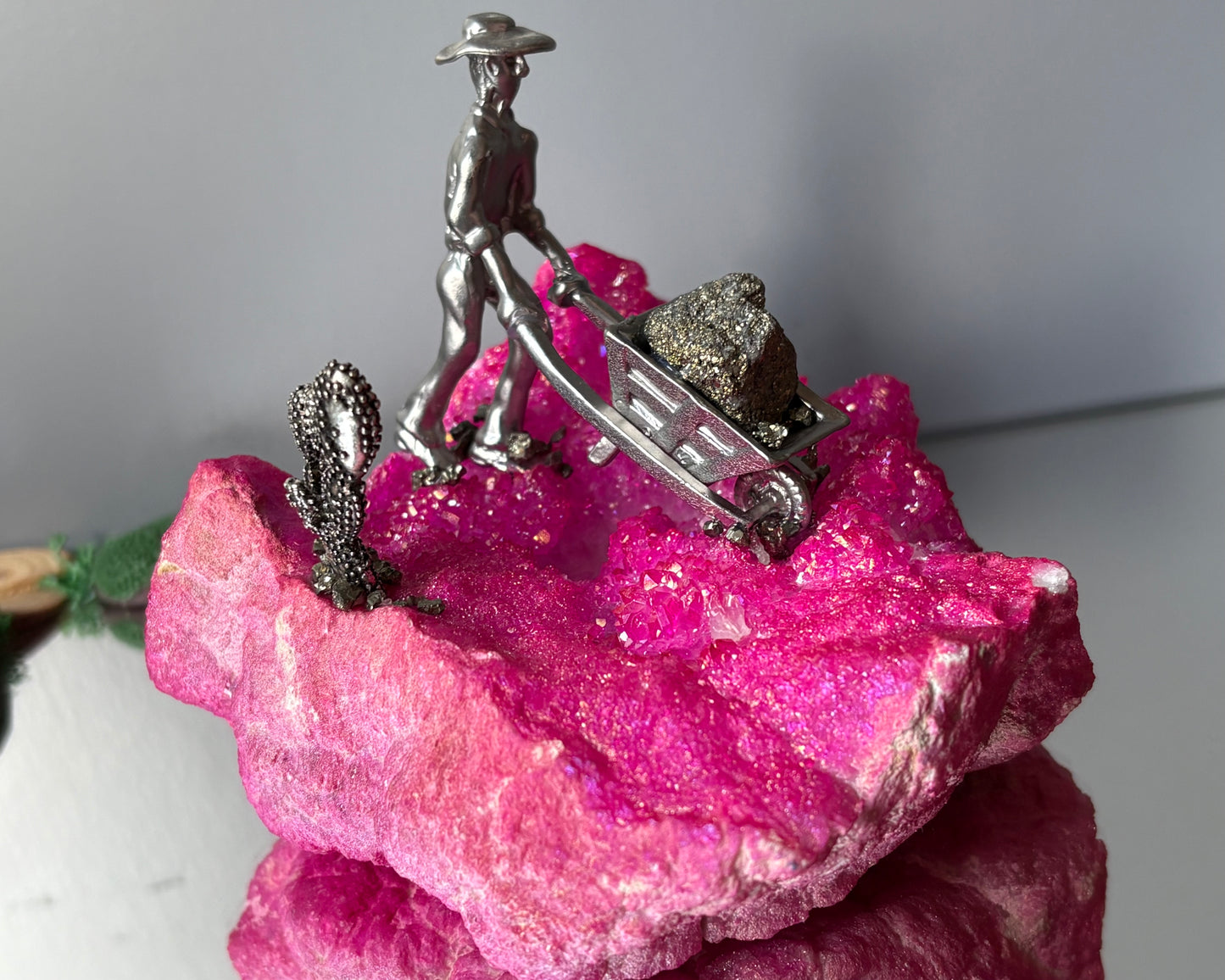 Hot Pink Aura Quartz & Pyrite Crystal Gemstone Miner Cluster - Large