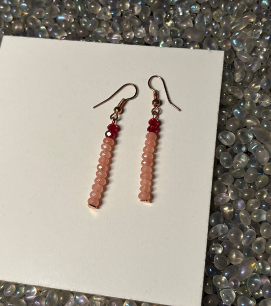 Peach Quartzite Gemstone Rondelle & Red Crystal Rose gold Earrings
