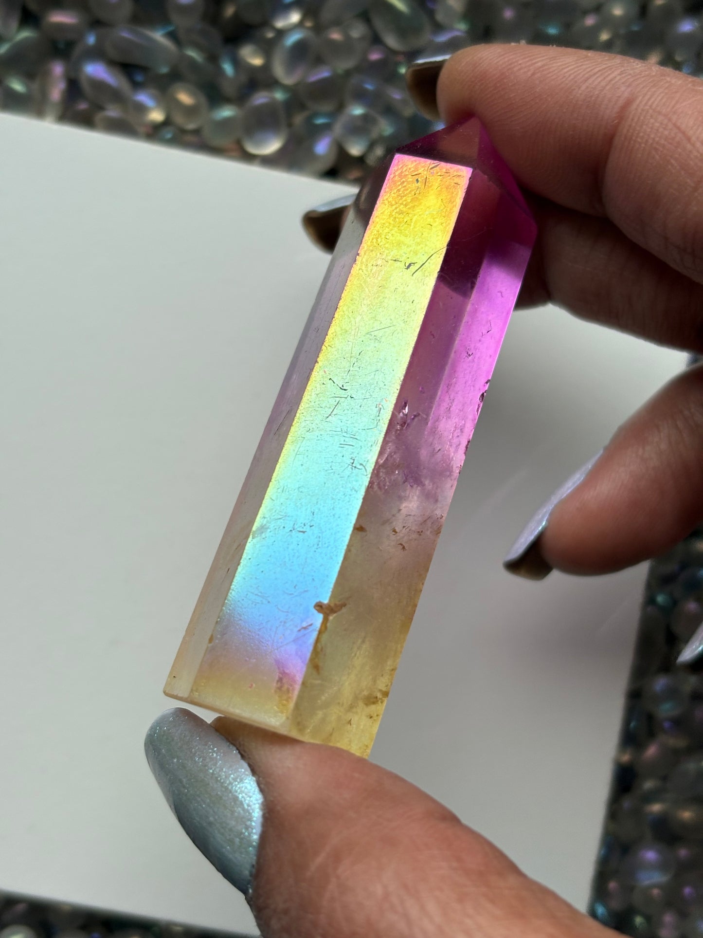 Aura Quartz Gemstone Crystal Tower & Watercolour Painting Framed Gift Set (2)