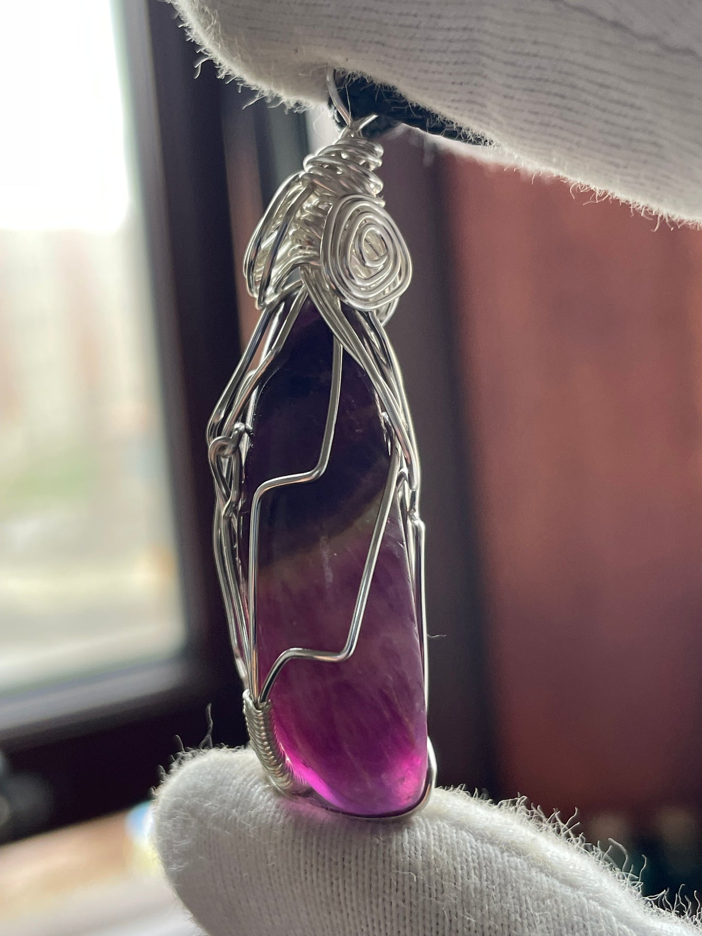 Purple Fluorite Crystal Gemstone Wire Wrap Silver Necklace