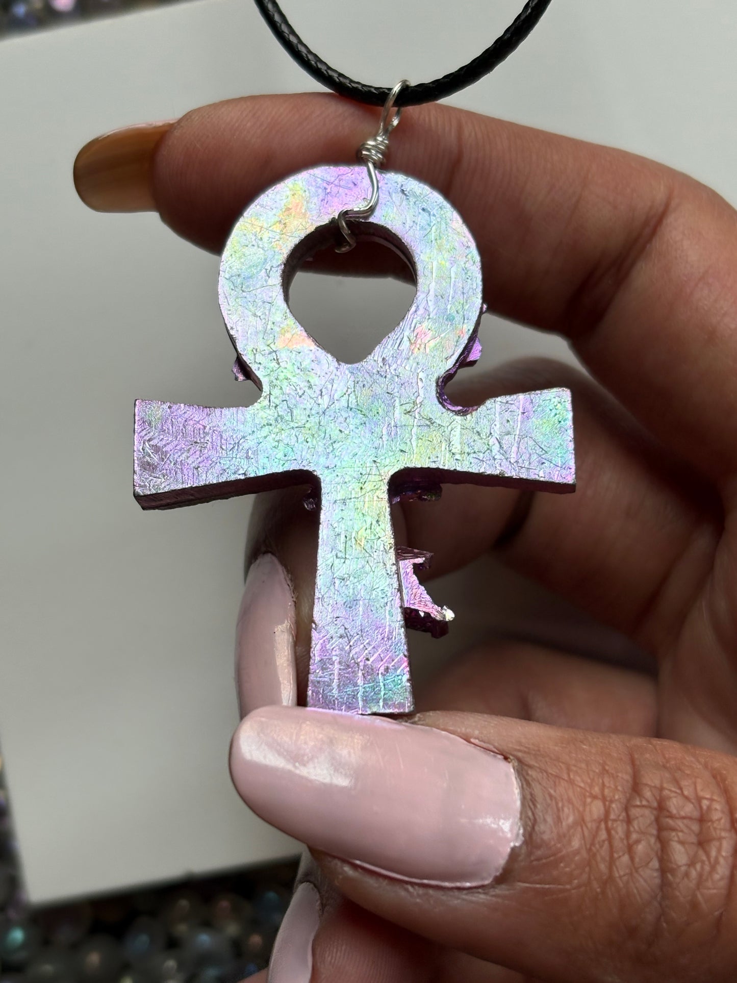 Pink Bismuth Ankh Crystal Cut Out Metal Art Necklace