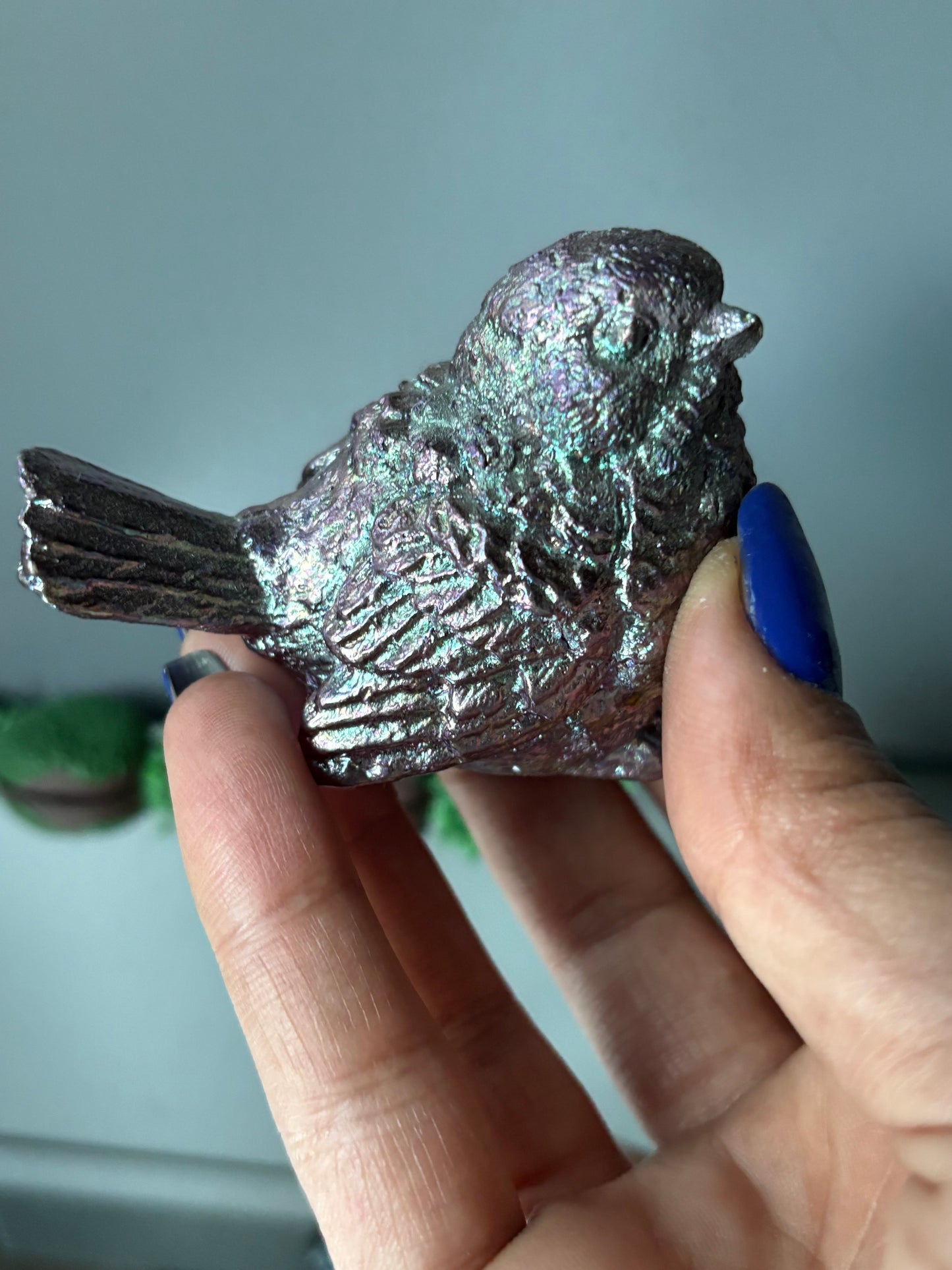 Purple Bismuth Crystal Wren Song Bird Metal Art Sculpture