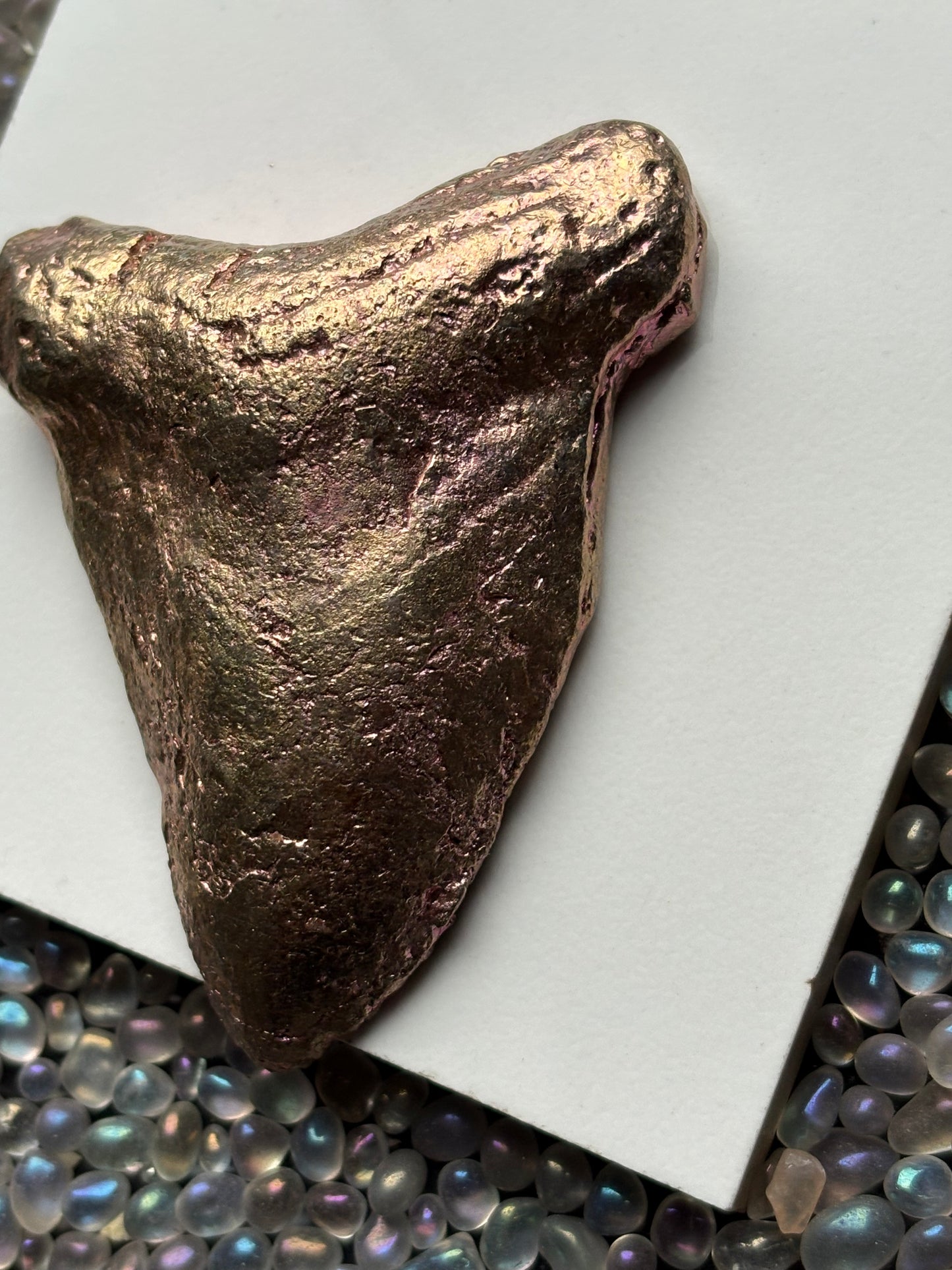 Pink Bismuth Crystal Megalodon Fossil Shark Tooth Metal Art Sculpture