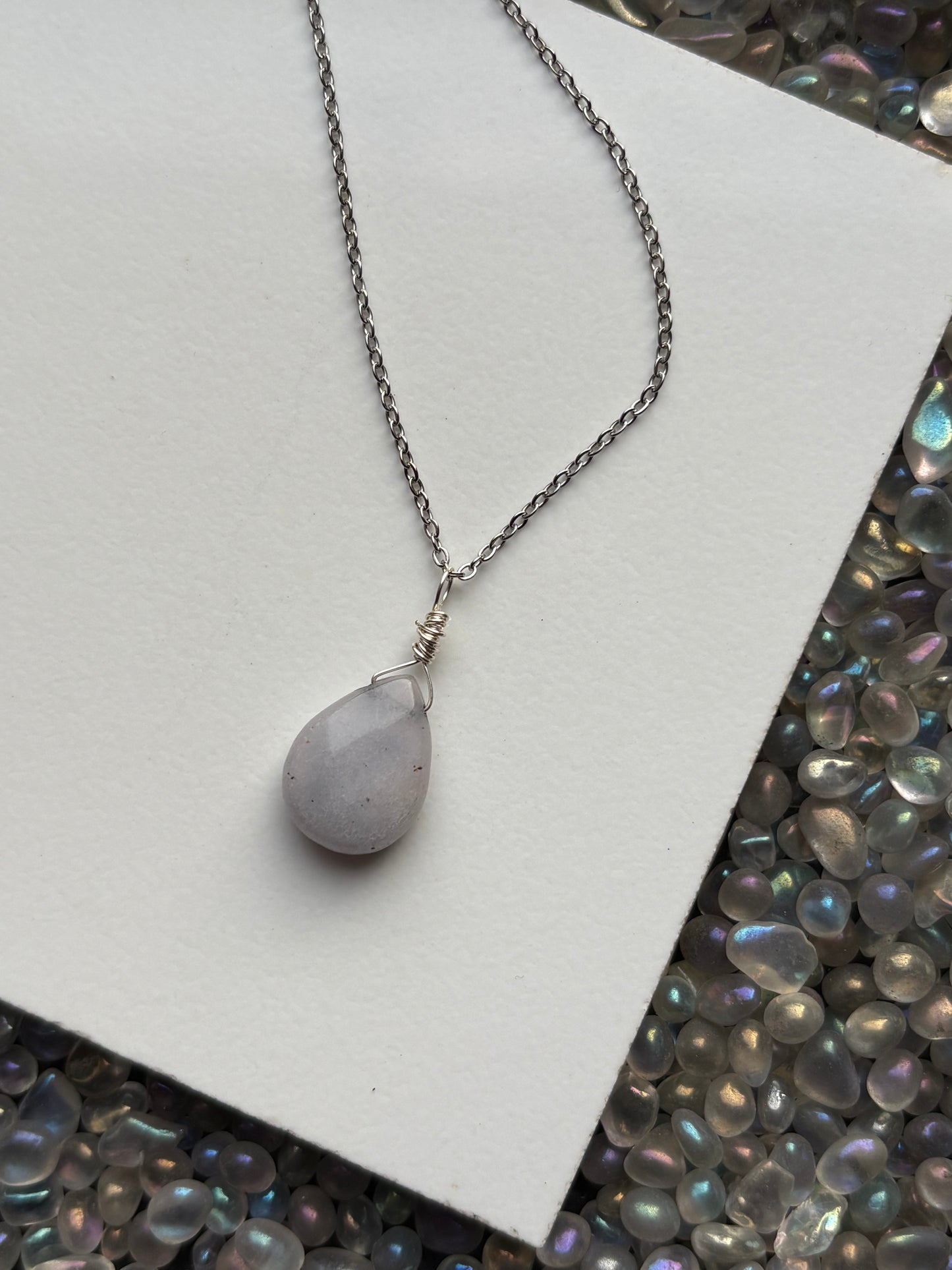 Grey Quartzite Crystal Gemstone Teardrop Silver Necklace (Certified)