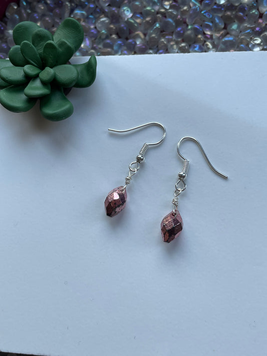 Pink Pyrite Crystal Gemstone Faceted Drop Earrings