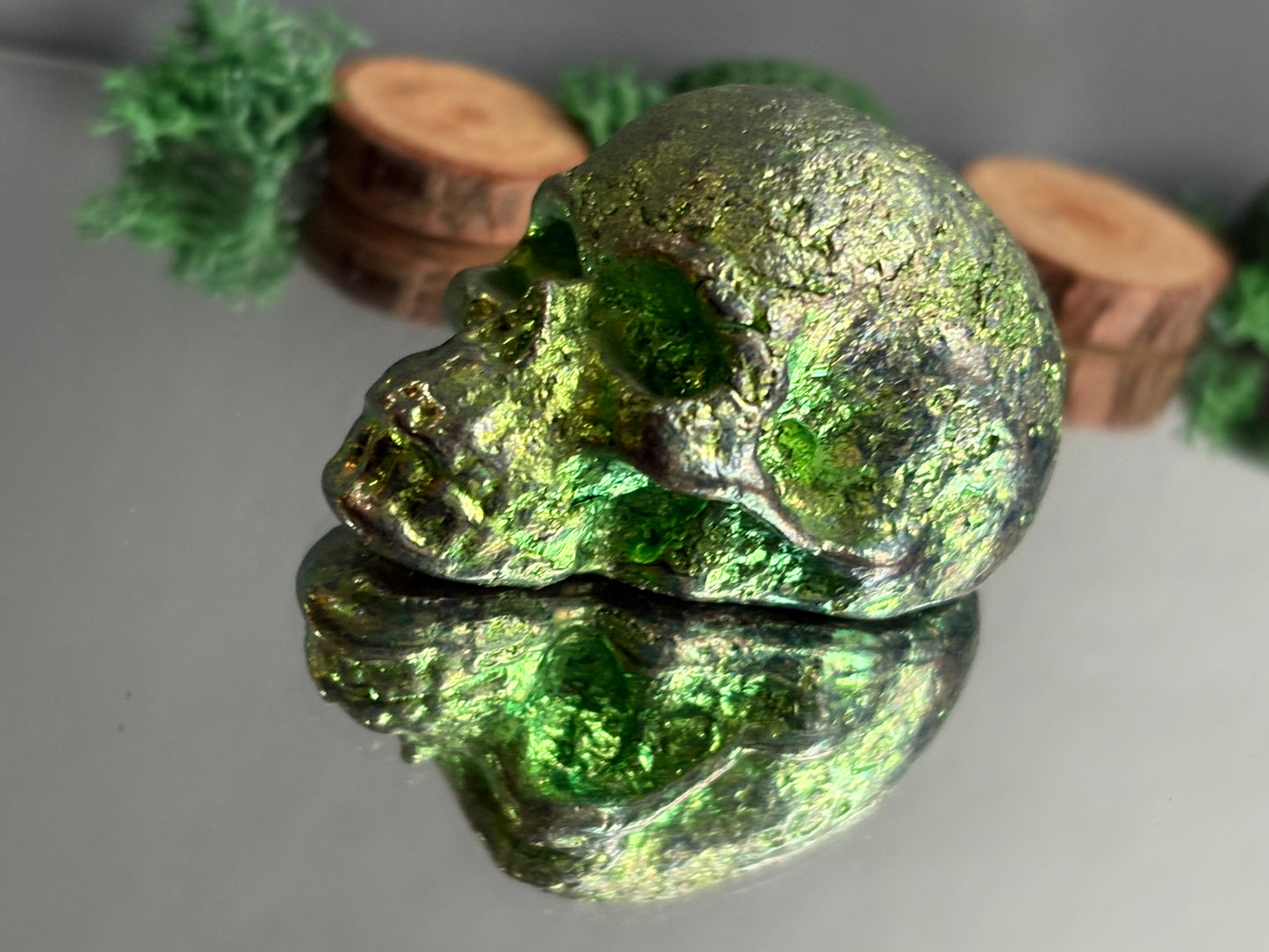 Green Bismuth Crystal Small Skull Metal Sculpture
