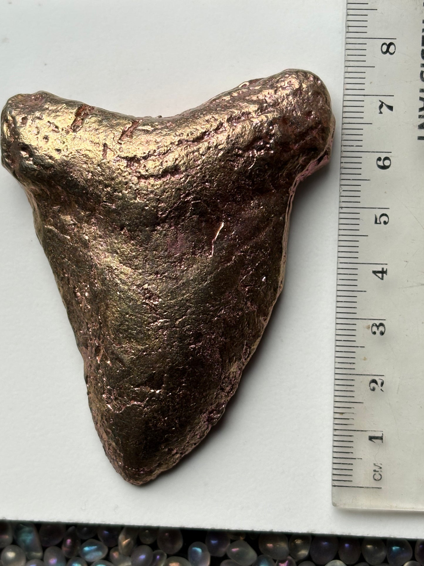 Pink Bismuth Crystal Megalodon Fossil Shark Tooth Metal Art Sculpture