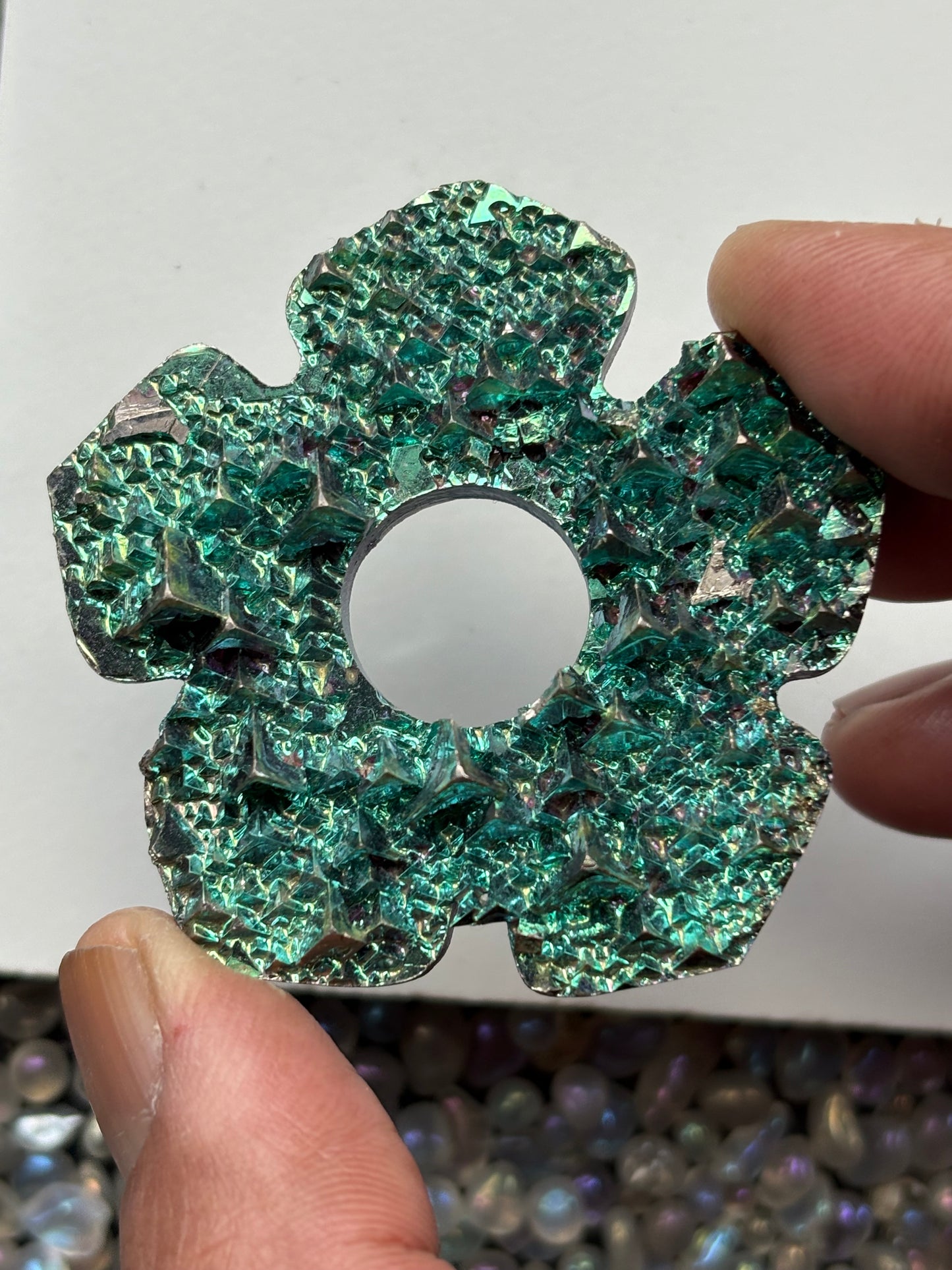 Teal Blue Bismuth Crystal Hippie Flower Slice Cut Out Sphere Holder