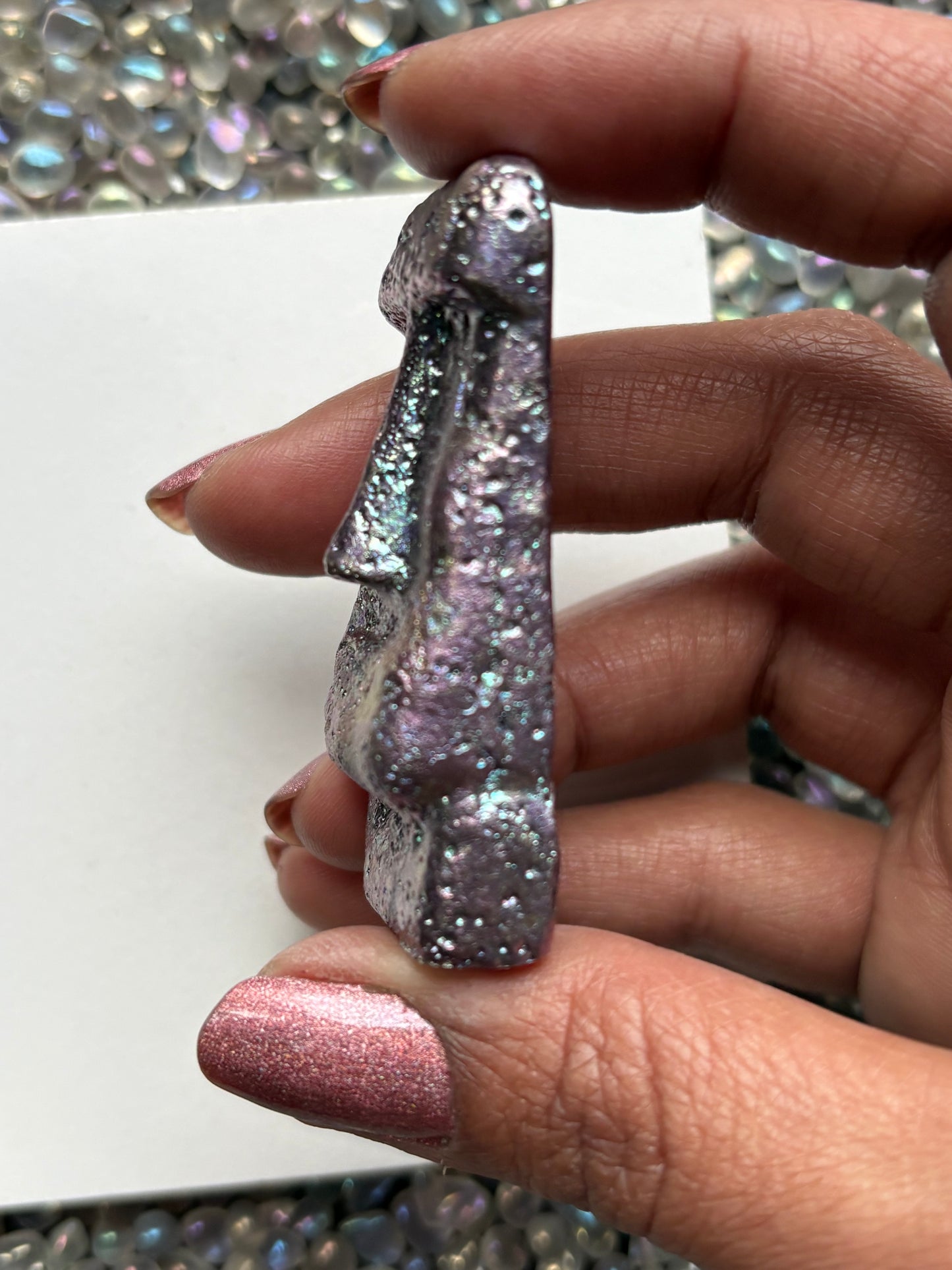 Purple Bismuth Crystal Moai Head Easter Island Metal Art Sculpture