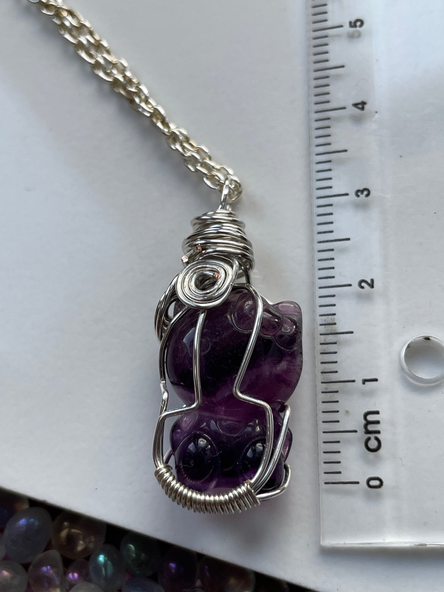 Fluorite Crystal Gemstone Hello Kitty Carving Silver Wire Wrap Necklace