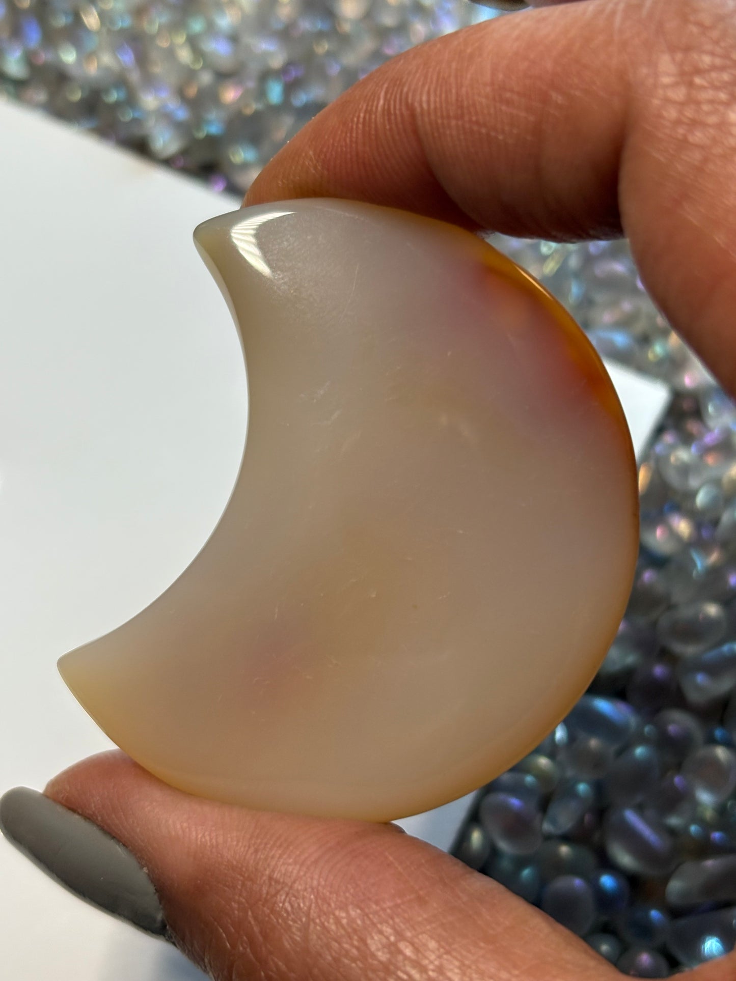 Cream Yellow Brown Druzy Agate Gemstone Crystal Crescent Moon Carving