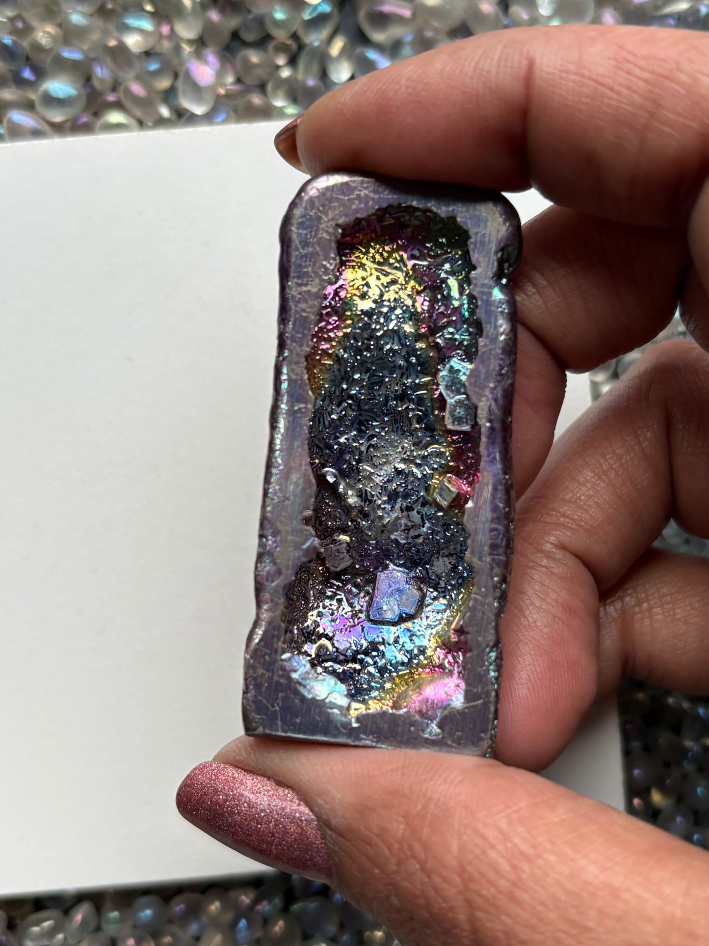 Purple Bismuth Crystal Moai Head Easter Island Metal Art Sculpture