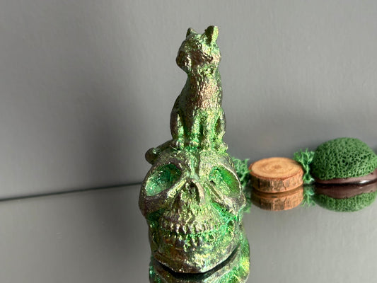 Teal Green Bismuth Crystal Cat on Skull Metal Art Sculpture