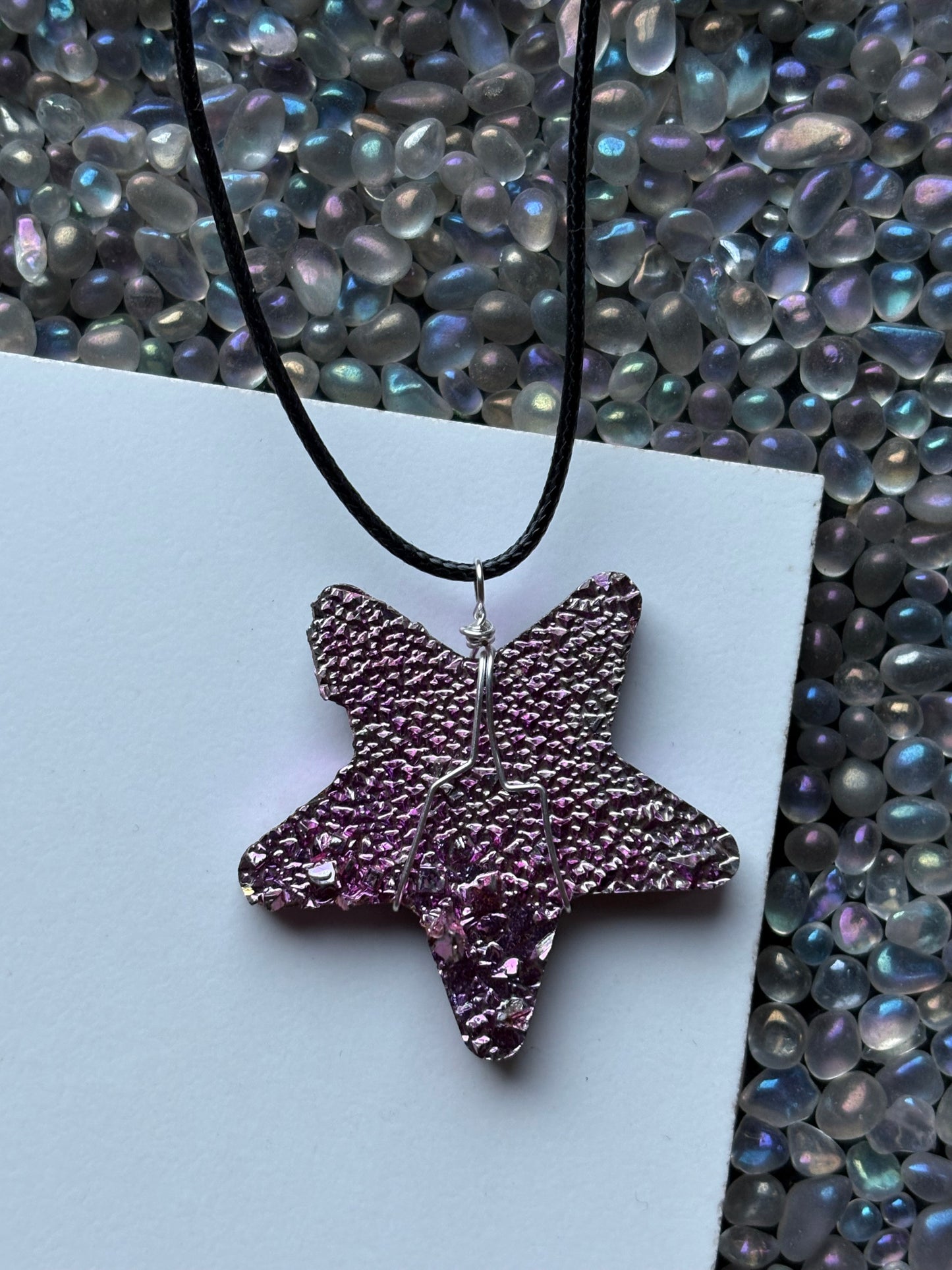 Pink Bismuth Star Crystal Cut Out Metal Art Cord Necklace