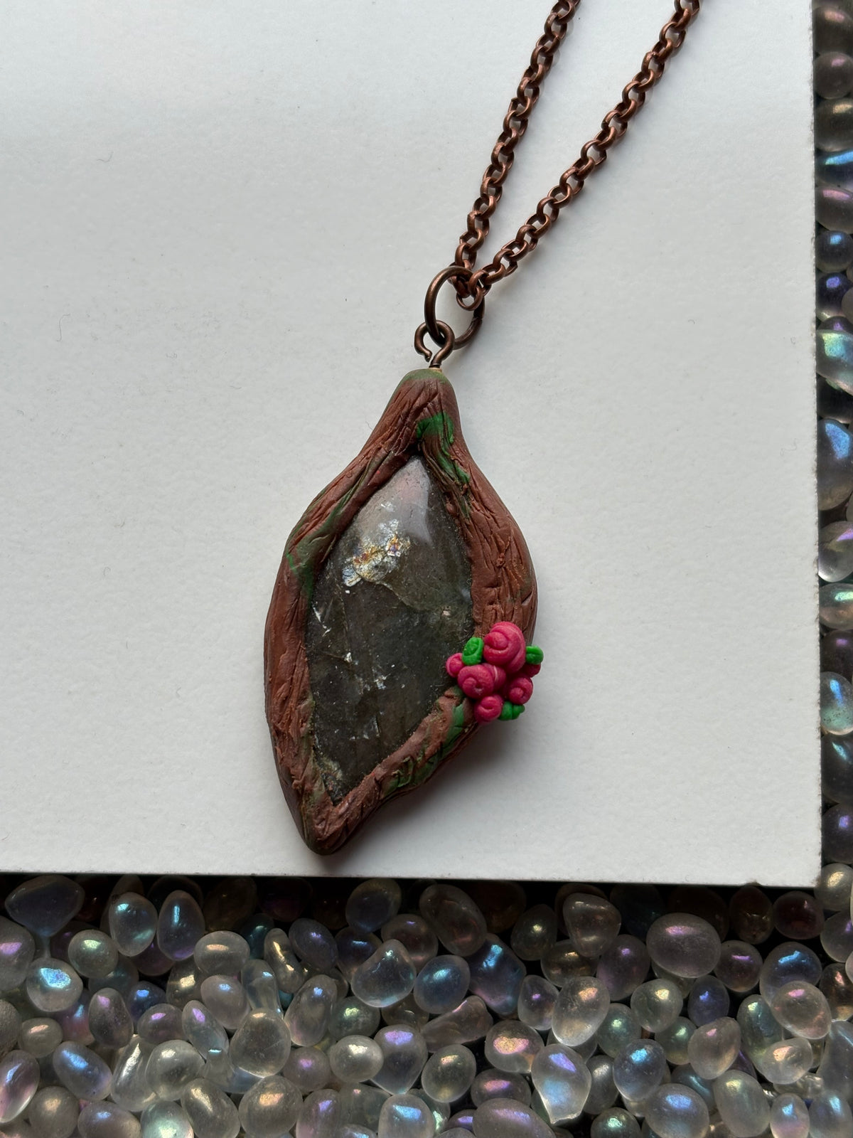 Purple Labradorite Crystal Gemstone Enchanted Rose Forest Clay Pendant Necklace