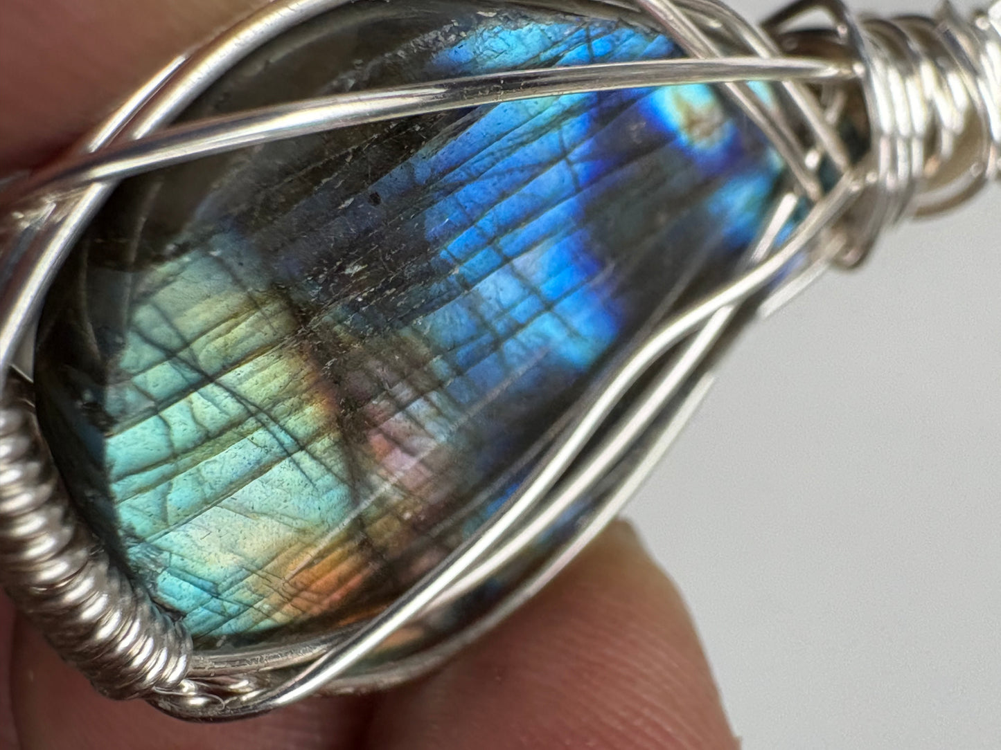 Blue Labradorite Crystal Gemstone Silver Wire Necklace