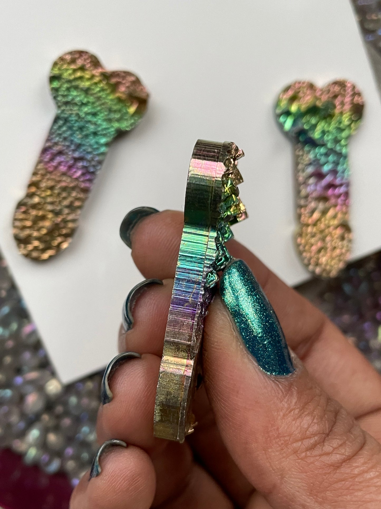 Rainbow Bismuth Crystal Penis Phallus Cut Out Metal Art