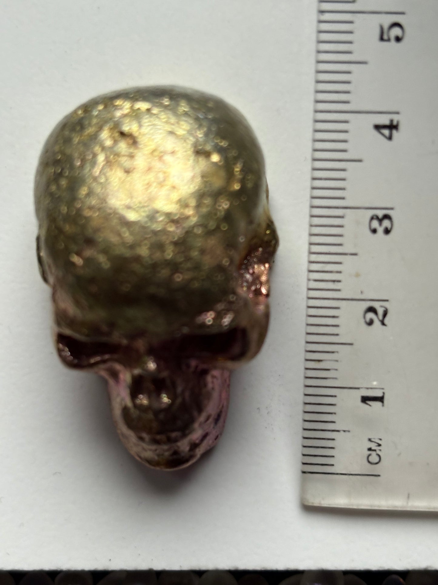 Gold Pink Bismuth Crystal Small Skull Metal Sculpture