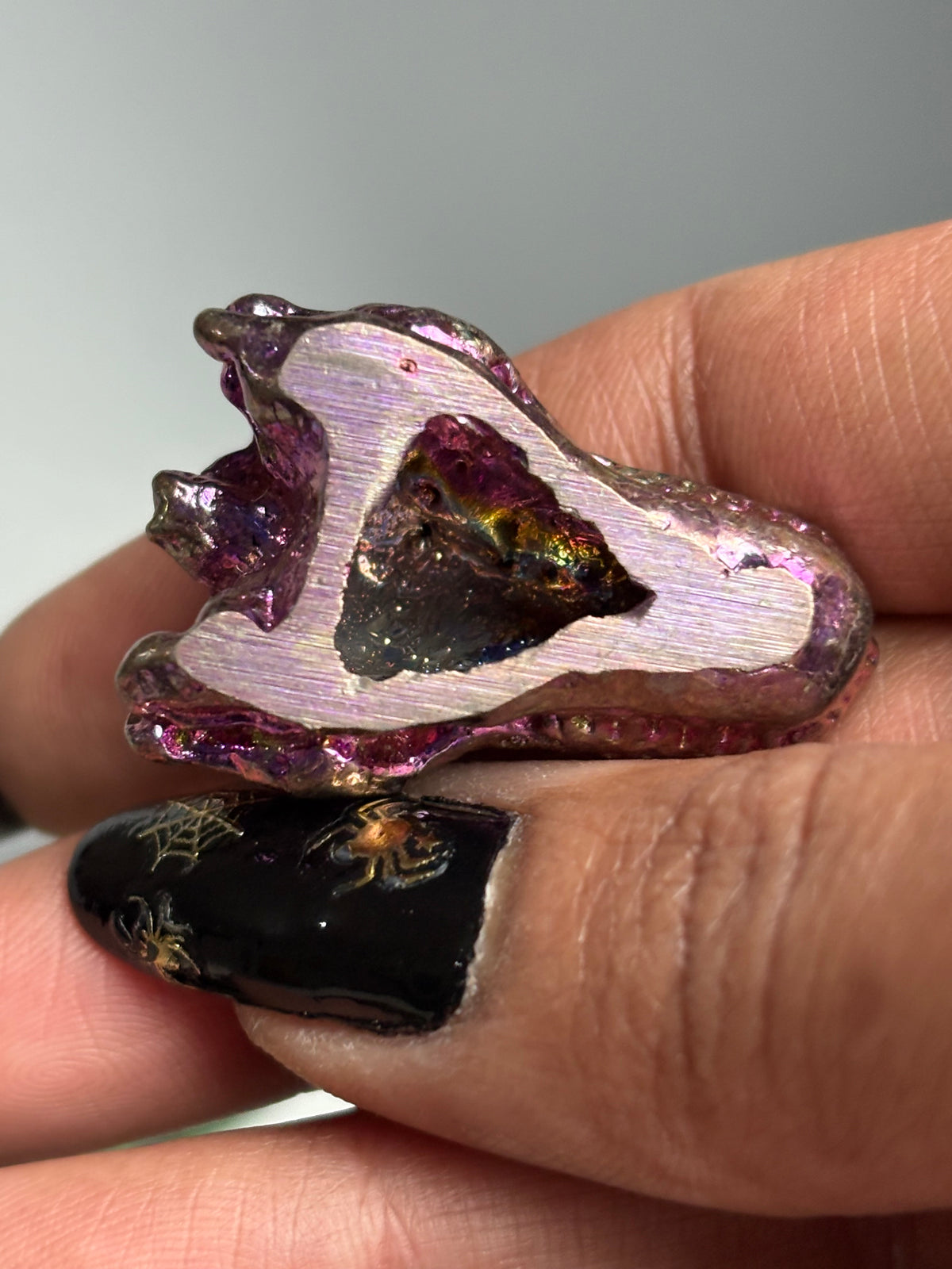 Pink Bismuth Crystal Small Trex Skull Metal Art Sculpture