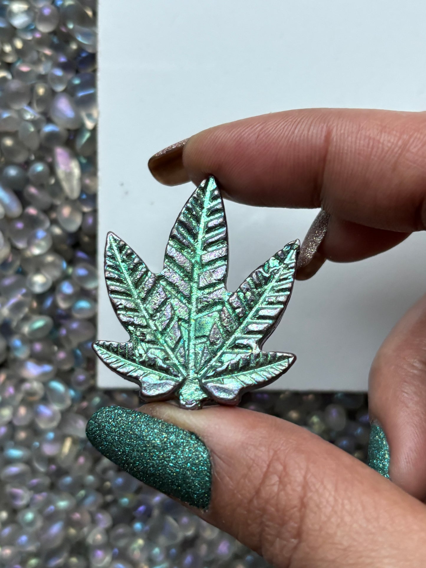 Teal Bismuth Crystal Pot Leaf Metal Art Sculpture