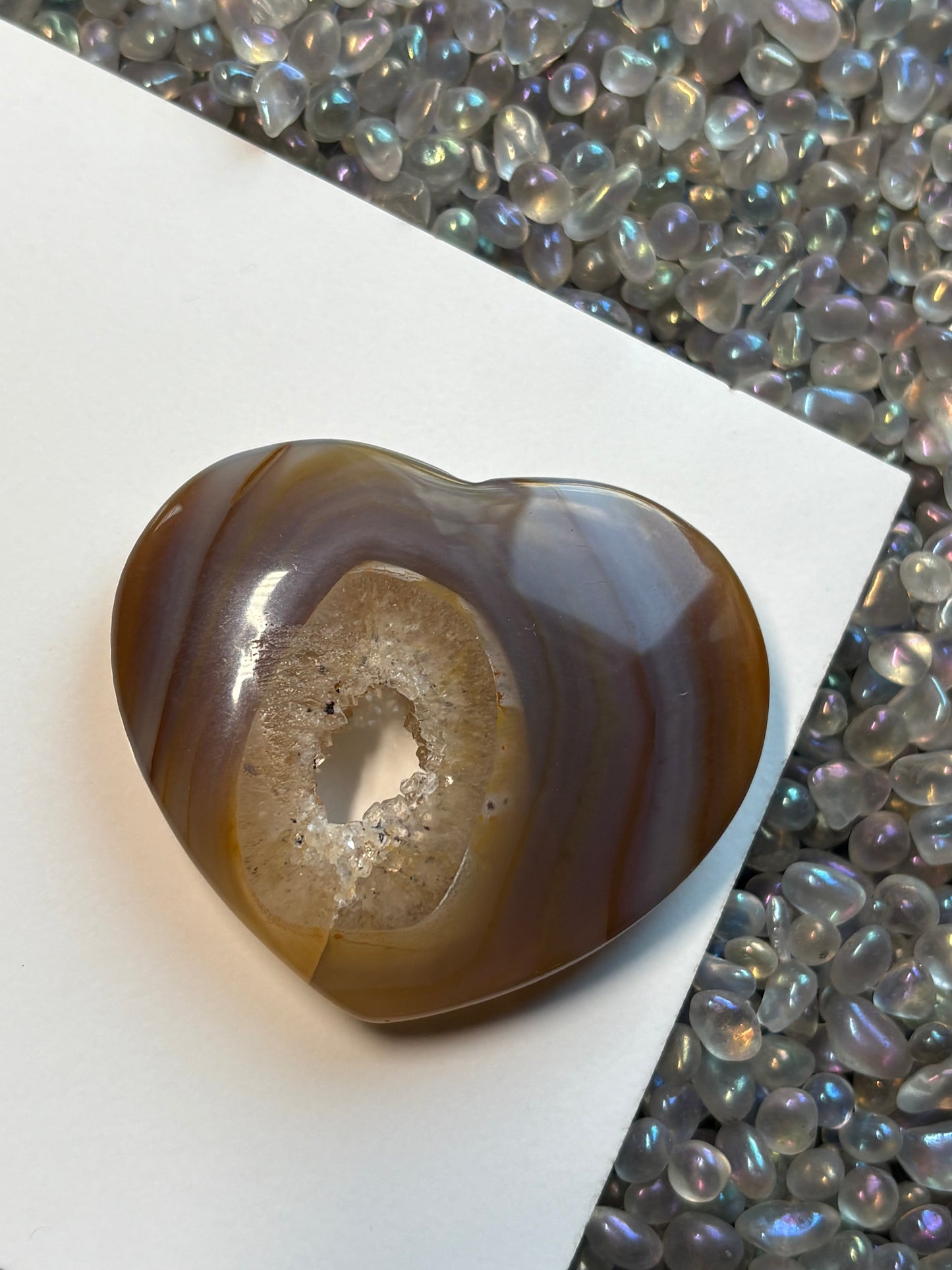 Beige Brown Druzy Agate Crystal Heart Carving - Small
