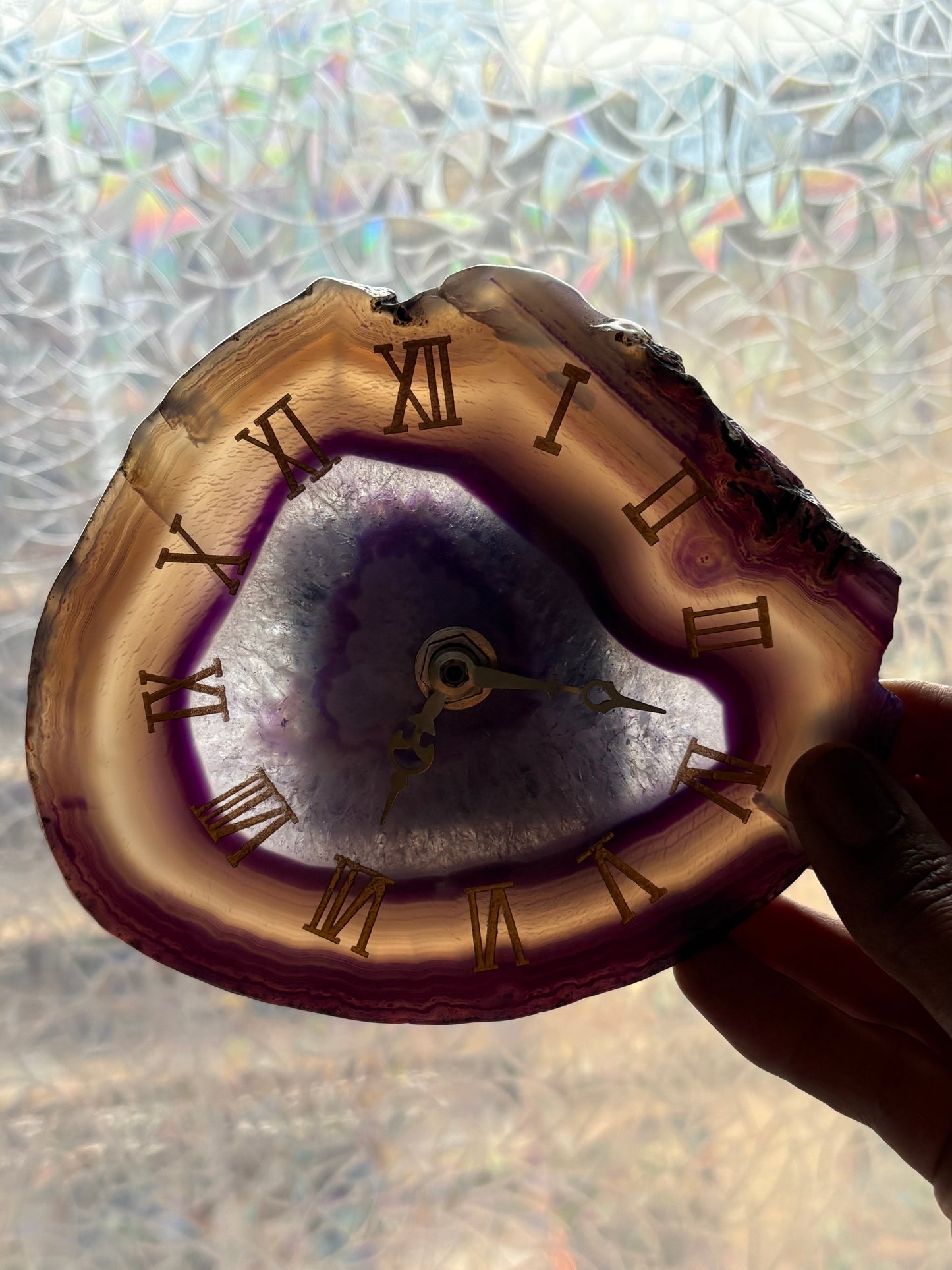 Purple Agate Slice Crystal Gemstone Gold Clock