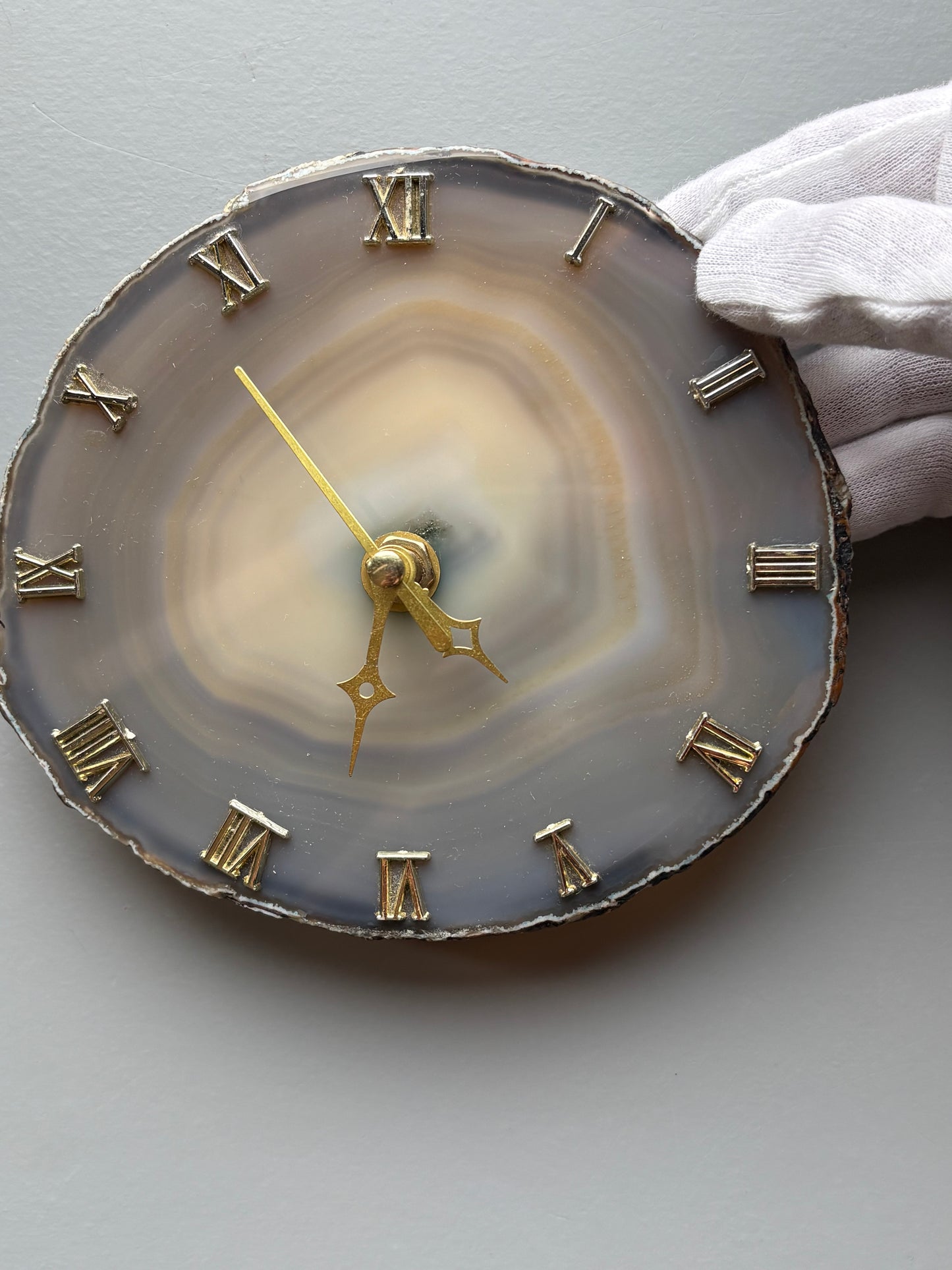 Blue Grey Agate Slice Crystal Gemstone Gold Clock