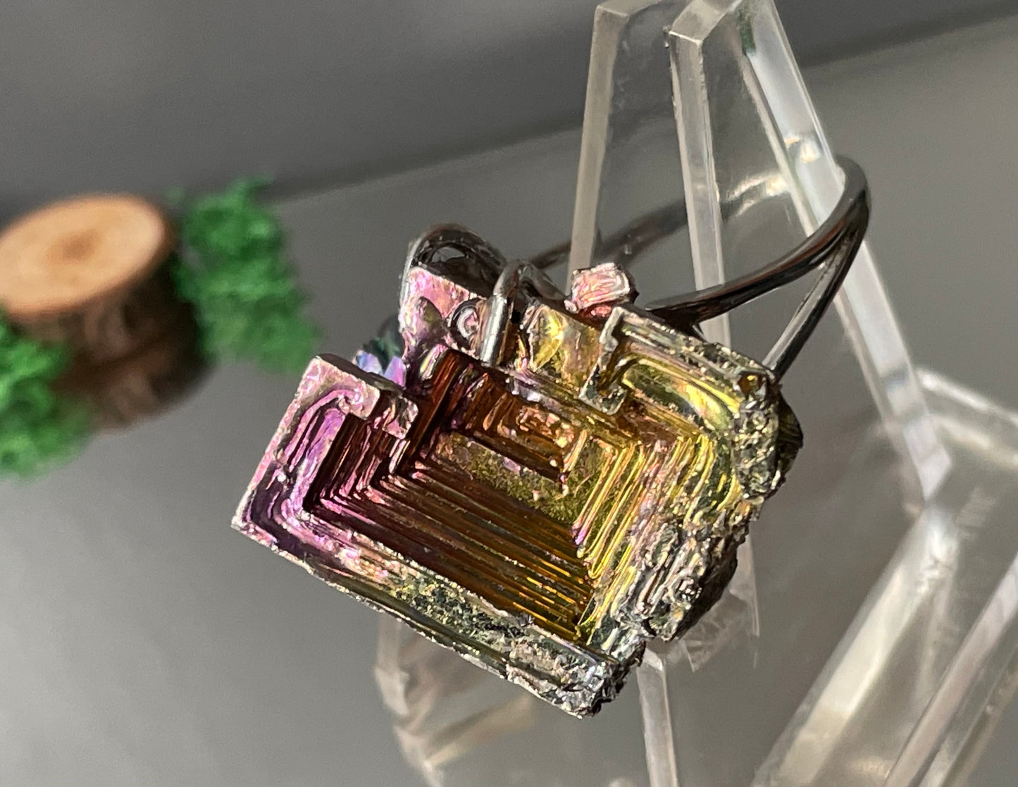 Bismuth Crystal Metal Art Silver Ring