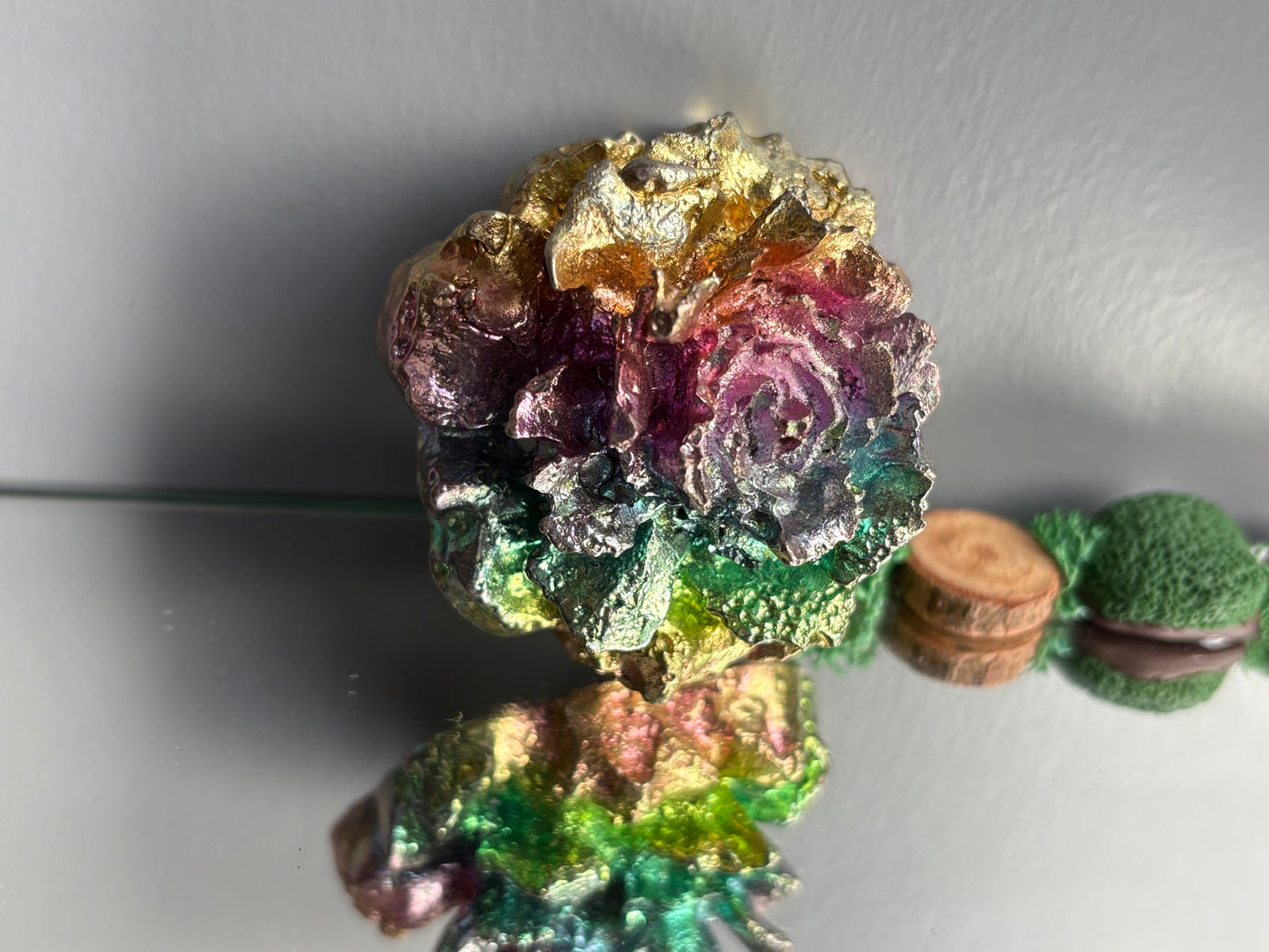Rainbow Bismuth Crystal Rose Flower Metal Art Sculpture - Large