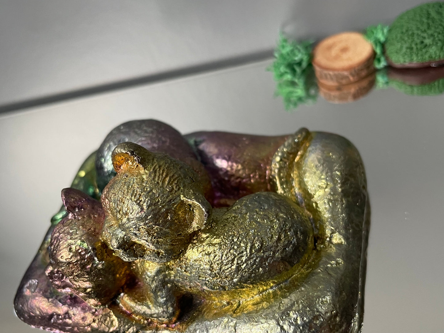 Rainbow Bismuth Crystal Sleeping Cats Metal Art Sculpture