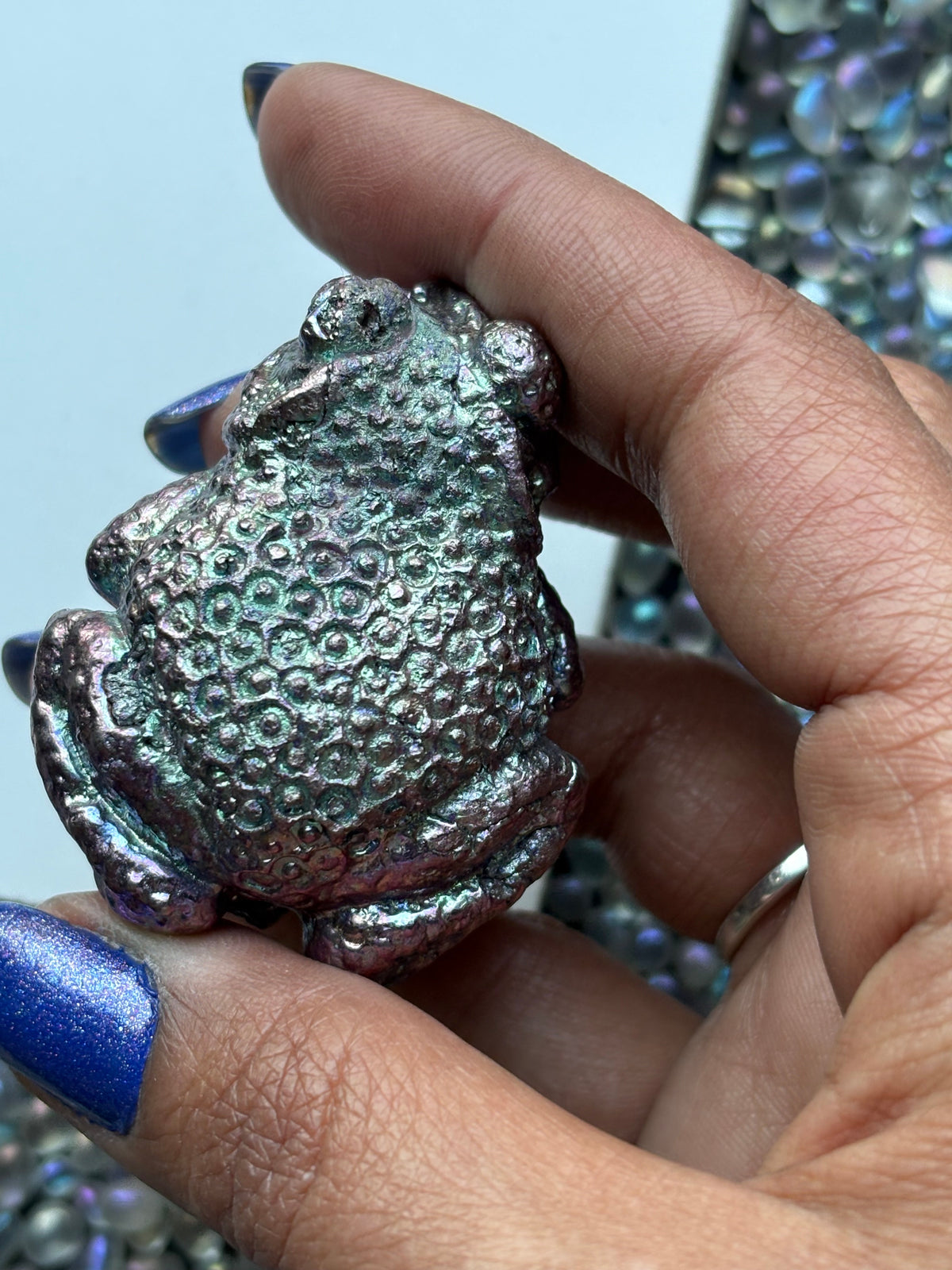 Purple Blue Bismuth Crystal Small Toad Metal Art Sculpture